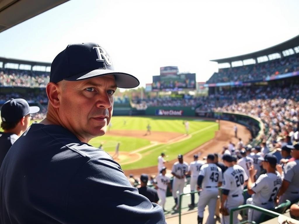 A dynamic baseball scene showcasing Kevin Cash in the foreground, intensely focused on managing matchups from the dugout. He is wearing a professional Rays cap and jersey, surrounded by a diverse mix of outfield players in action, capturing the strategic depth of the Rays' game plan. In the middle ground, the outfield is highlighted with players positioned strategically, demonstrating Cash’s influence over their placements. The background features a packed stadium under a bright afternoon sun, casting soft shadows, with fans engaged and vibrant team colors visible. The mood is energetic and competitive, emphasizing teamwork and strategy in the “Rays way.” Utilize a slightly low angle to capture the players' determination and the coach’s leadership. A dynamic baseball scene showcasing Kevin Cash in the foreground, intensely focused on managing matchups from the dugout. He is wearing a professional Rays cap and jersey, surrounded by a diverse mix of outfield players in action, capturing the strategic depth of the Rays' game plan. In the middle ground, the outfield is highlighted with players positioned strategically, demonstrating Cash’s influence over their placements. The background features a packed stadium under a bright afternoon sun, casting soft shadows, with fans engaged and vibrant team colors visible. The mood is energetic and competitive, emphasizing teamwork and strategy in the “Rays way.” Utilize a slightly low angle to capture the players' determination and the coach’s leadership.