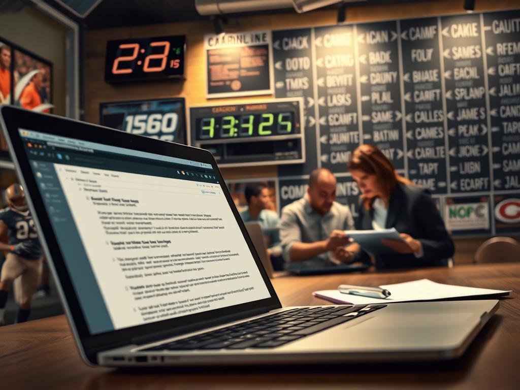 A dynamic collage depicting the concept of media coverage surrounding coaching rumors, featuring a foreground of a laptop with an open email inbox filled with messages. In the middle, depict a vibrant newsroom setting with journalists analyzing reports and making notes on legal pads, illuminated by soft overhead lighting. Include a backdrop of sports-related images, like a clock counting down during a football game and a board filled with various coaching names and speculation arrows. The mood should convey urgency and intrigue. Use a shallow depth of field to focus on the laptop and journalists, while slightly blurring the sports images in the background. The overall color palette should be a mix of warm and cool tones, reflecting the complexity of the topic.