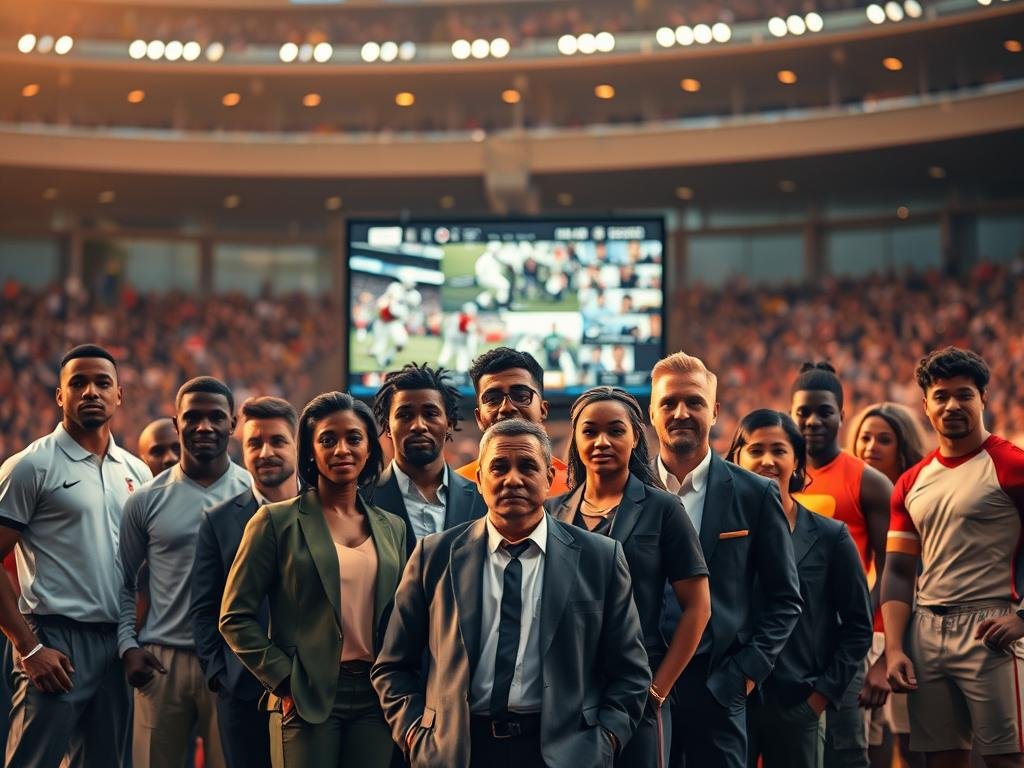 A dynamic composition illustrating the theme of media narratives in sports. In the foreground, a diverse group of athletes in professional attire stands together, each displaying determination and strength, representing resilience. The middle layer features a glowing television screen displaying images of sports broadcasts and headlines, symbolizing the impactful narratives shaped by media. The background captures a blurred stadium with cheering fans, enveloped in warm evening light, creating a vibrant yet reflective atmosphere. The scene is lit with soft, diffused lighting, emphasizing the athletes’ expressions of hope and struggle. The angle is slightly elevated, providing a broad view that showcases both the athletes and the media’s influence, conveying a sense of unity and the weight of their stories. A dynamic composition illustrating the theme of media narratives in sports. In the foreground, a diverse group of athletes in professional attire stands together, each displaying determination and strength, representing resilience. The middle layer features a glowing television screen displaying images of sports broadcasts and headlines, symbolizing the impactful narratives shaped by media. The background captures a blurred stadium with cheering fans, enveloped in warm evening light, creating a vibrant yet reflective atmosphere. The scene is lit with soft, diffused lighting, emphasizing the athletes’ expressions of hope and struggle. The angle is slightly elevated, providing a broad view that showcases both the athletes and the media’s influence, conveying a sense of unity and the weight of their stories.