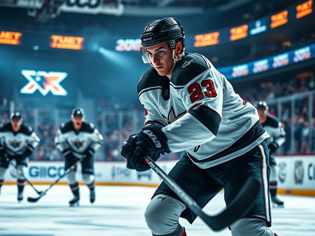 A dynamic hockey scene capturing Brandon Hagel in action on the ice, showcasing his exceptional two-way play that changes the momentum of the game. In the foreground, Brandon Hagel, wearing a sleek hockey uniform, skillfully maneuvers the puck, showcasing a determined expression as he prepares to pass to a teammate. His athletic build and focus are highlighted by dramatic lighting that accentuates his quick movements. In the middle ground, teammates and defenders are in motion, adding to the sense of energy and urgency. The background features a blurred crowd at an intense game, with vibrant team colors and lights illuminating the rink. The atmosphere radiates excitement and tension, illustrating the pivotal moment in the match as Hagel’s spark shifts the game state. A dynamic hockey scene capturing Brandon Hagel in action on the ice, showcasing his exceptional two-way play that changes the momentum of the game. In the foreground, Brandon Hagel, wearing a sleek hockey uniform, skillfully maneuvers the puck, showcasing a determined expression as he prepares to pass to a teammate. His athletic build and focus are highlighted by dramatic lighting that accentuates his quick movements. In the middle ground, teammates and defenders are in motion, adding to the sense of energy and urgency. The background features a blurred crowd at an intense game, with vibrant team colors and lights illuminating the rink. The atmosphere radiates excitement and tension, illustrating the pivotal moment in the match as Hagel’s spark shifts the game state.