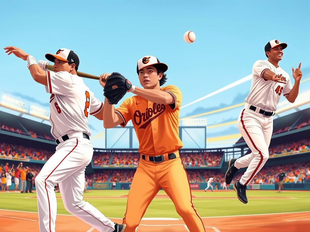 A dynamic illustration of key players who defined the Baltimore Orioles season. In the foreground, three diverse athletes in professional baseball attire, showcasing determination and teamwork, are engaged in intense action: one player swings a bat, another catches a ball, and the third celebrates a home run. In the middle layer, a colorful crowd of enthusiastic fans, waving Orioles merchandise, adds to the excitement. The background features the iconic Baltimore ballpark under a clear blue sky, with the stadium lights starting to illuminate as dusk approaches. Soft, warm lighting enhances the celebratory atmosphere, while a slight depth of field focuses on the players, capturing the essence of a thrilling baseball season. The image should be vibrant, full of energy and passion for the sport. A dynamic illustration of key players who defined the Baltimore Orioles season. In the foreground, three diverse athletes in professional baseball attire, showcasing determination and teamwork, are engaged in intense action: one player swings a bat, another catches a ball, and the third celebrates a home run. In the middle layer, a colorful crowd of enthusiastic fans, waving Orioles merchandise, adds to the excitement. The background features the iconic Baltimore ballpark under a clear blue sky, with the stadium lights starting to illuminate as dusk approaches. Soft, warm lighting enhances the celebratory atmosphere, while a slight depth of field focuses on the players, capturing the essence of a thrilling baseball season. The image should be vibrant, full of energy and passion for the sport.
