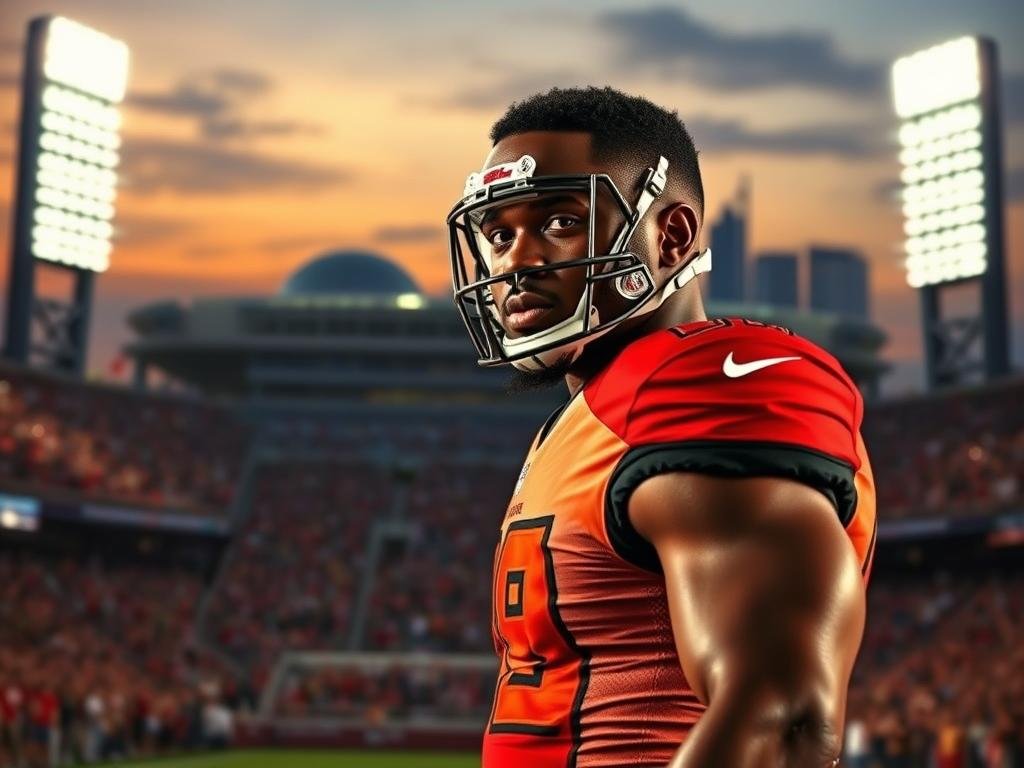 A dynamic portrayal of Lavonte David, the esteemed linebacker for the Tampa Bay Buccaneers, dressed in a sleek Buccaneers uniform, showcasing his signature determination and focus on the field. In the foreground, he is captured in an action pose, demonstrating his athletic prowess and consistency as a player, with a backdrop of cheering fans in the stands, reflecting the vibrant energy of a game day. The middle ground features the iconic Raymond James Stadium, illuminated with bright floodlights creating a dramatic atmosphere, enhancing the emotions of teamwork and legacy. The background includes the Tampa Bay skyline at twilight, symbolizing the connection between David, the team, and the city. The lighting is warm and dynamic, accentuating the sense of triumph and dedication, evoking a legacy in football history. A dynamic portrayal of Lavonte David, the esteemed linebacker for the Tampa Bay Buccaneers, dressed in a sleek Buccaneers uniform, showcasing his signature determination and focus on the field. In the foreground, he is captured in an action pose, demonstrating his athletic prowess and consistency as a player, with a backdrop of cheering fans in the stands, reflecting the vibrant energy of a game day. The middle ground features the iconic Raymond James Stadium, illuminated with bright floodlights creating a dramatic atmosphere, enhancing the emotions of teamwork and legacy. The background includes the Tampa Bay skyline at twilight, symbolizing the connection between David, the team, and the city. The lighting is warm and dynamic, accentuating the sense of triumph and dedication, evoking a legacy in football history.