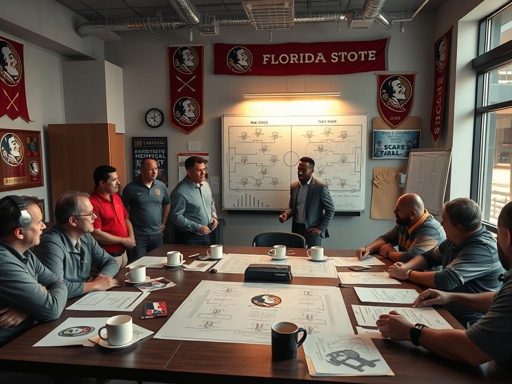 A dynamic scene capturing the essence of Florida State University football culture, featuring a coaching staff meeting in a modern office adorned with Seminoles memorabilia. Foreground: a table filled with football play diagrams and coffee cups, with coaches in professional attires gathered around, deep in discussion. Middle: a large whiteboard covered with strategy notes, showcasing a blend of analytical graphics and team spirit. Background: walls lined with FSU banners and photos of legendary players, illuminated by warm, natural lighting streaming in from large windows. The atmosphere is tense yet focused, reflecting the high-stakes nature of college football coaching. The angle is slightly above eye level, giving a comprehensive view of the collaborative environment, capturing both intensity and camaraderie.