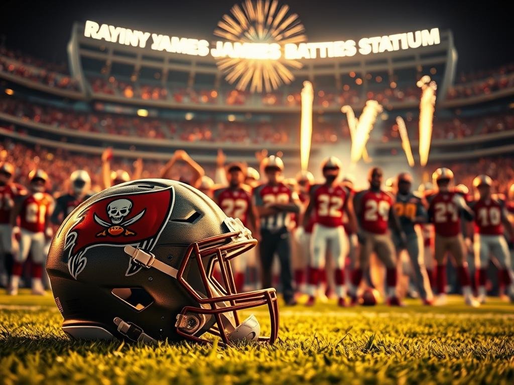A dynamic scene capturing the essence of the Tampa Bay Buccaneers’ journey from excitement in the Bucs-Chiefs match-up to their championship triumphs. In the foreground, a vividly detailed Buccaneers helmet rests on a football field, bathed in dramatic golden lighting that suggests victory. In the middle ground, a group of diverse players in professional football gear celebrates, showcasing camaraderie and determination, with expressions of joy and focus. The background features a blurred vision of Raymond James Stadium, alive with cheering fans and fireworks lighting up the night sky, symbolizing a moment of triumph. The overall mood is one of exhilaration and pride, conveying the spirit of football and the Buccaneers' legacy in a high-contrast, cinematic style. A dynamic scene capturing the essence of the Tampa Bay Buccaneers’ journey from excitement in the Bucs-Chiefs match-up to their championship triumphs. In the foreground, a vividly detailed Buccaneers helmet rests on a football field, bathed in dramatic golden lighting that suggests victory. In the middle ground, a group of diverse players in professional football gear celebrates, showcasing camaraderie and determination, with expressions of joy and focus. The background features a blurred vision of Raymond James Stadium, alive with cheering fans and fireworks lighting up the night sky, symbolizing a moment of triumph. The overall mood is one of exhilaration and pride, conveying the spirit of football and the Buccaneers' legacy in a high-contrast, cinematic style.