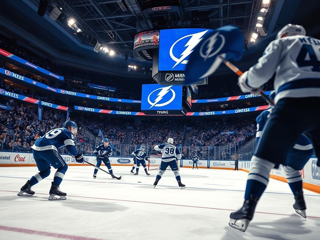 A dynamic scene showcasing a Tampa Bay Lightning ice hockey game in full action. In the foreground, players in vibrant blue and white uniforms are intensely competing for the puck, displaying athleticism and focus. The middle ground features a packed arena filled with excited fans waving Lightning flags, capturing the spirited atmosphere. The background shows the team logo illuminated on the big screen, with bright arena lights casting dramatic shadows on the ice. The image is composed from a low angle, emphasizing the players' movement and the thrilling energy of the game. The lighting is bright and vivid, creating an exhilarating mood that embodies the excitement of the hockey season.