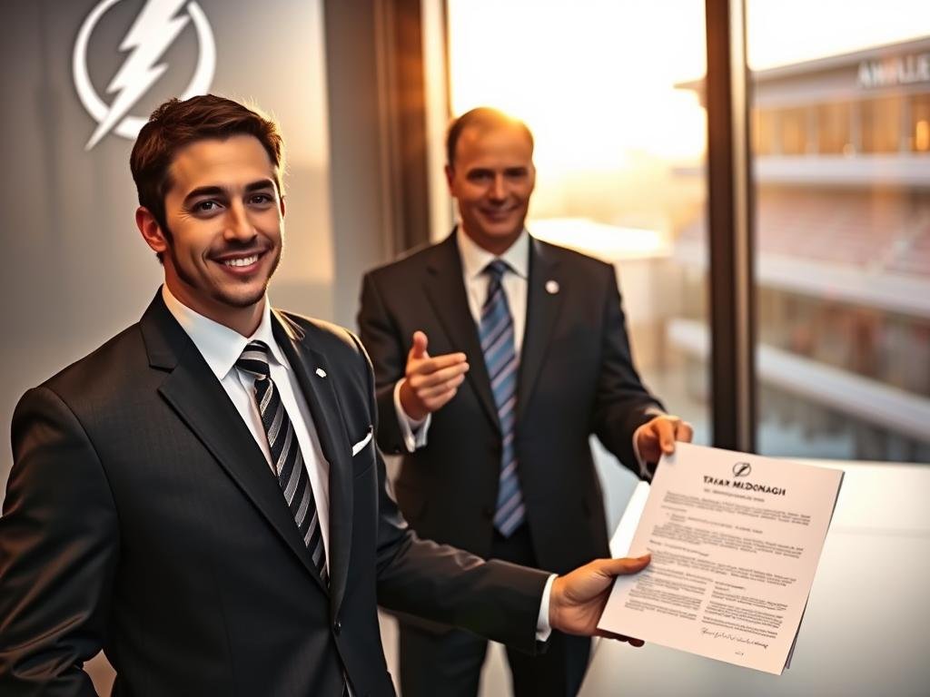 A dynamic sports scene capturing Ryan McDonagh in a professional setting, dressed in a sharp suit and tie, symbolizing his three-year contract extension. In the foreground, McDonagh stands confidently, holding a signed contract, with a subtle smile that conveys determination and success. In the middle ground, a well-dressed Tampa Bay Lightning executive, also in a suit, gestures toward McDonagh, showcasing the celebratory atmosphere. The background features the Tampa Bay Lightning logo subtly incorporated into the office décor, with a large window displaying a view of the Amalie Arena, bathed in warm afternoon sunlight. The atmosphere is professional yet optimistic, emphasizing teamwork and future prospects. The lighting is bright but soft, creating an inviting and hopeful mood. Focus on capturing emotional expressions, ensuring the image reflects the significance of the contract in the vibrant world of sports.