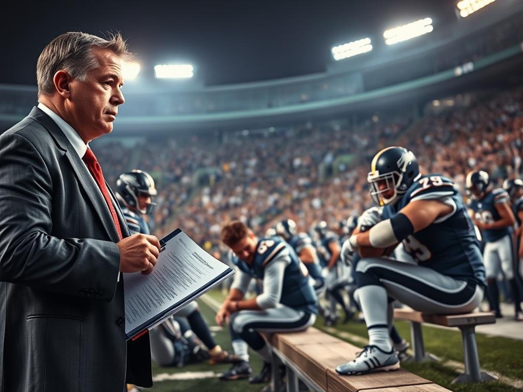 A dynamic sports scene capturing the essence of "injuries, inconsistency, and the panic meter" in American football. In the foreground, a concerned coach in professional attire peers at a clipboard, illustrating the tension of managing injuries. In the middle ground, a player is shown sitting on the bench, clutching his injured arm, a look of frustration and anxiety on his face. Surrounding them are teammates in action, displaying dynamic movements, depicting inconsistency and unpredictability. The background features a stadium filled with passionate fans, their expressions a mix of hope and fear. The lighting is dramatic, with spotlight effects highlighting the coach and player, creating a tense yet electric atmosphere. The angle is slightly elevated, giving an overview of the field while focusing on the emotional turmoil of the moment. A dynamic sports scene capturing the essence of "injuries, inconsistency, and the panic meter" in American football. In the foreground, a concerned coach in professional attire peers at a clipboard, illustrating the tension of managing injuries. In the middle ground, a player is shown sitting on the bench, clutching his injured arm, a look of frustration and anxiety on his face. Surrounding them are teammates in action, displaying dynamic movements, depicting inconsistency and unpredictability. The background features a stadium filled with passionate fans, their expressions a mix of hope and fear. The lighting is dramatic, with spotlight effects highlighting the coach and player, creating a tense yet electric atmosphere. The angle is slightly elevated, giving an overview of the field while focusing on the emotional turmoil of the moment.