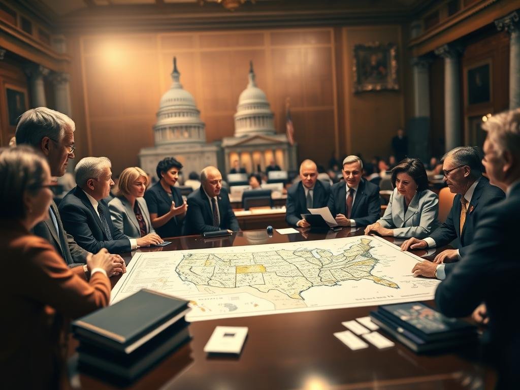 A dynamic tableau illustrating the concept of "Year-by-Year in Congress: Legislative Footprint and Key Votes." In the foreground, a diverse group of lawmakers in professional business attire, engaged in spirited discussion over a large, detailed legislative map spread on a polished conference table. In the middle ground, various iconic symbols of democracy, such as the U.S. Capitol and congressional records, subtly integrated into the composition. The background features a soft focus of a grand congressional chamber, illuminated by warm, diffused lighting that creates an atmosphere of earnest deliberation and civic duty. Capture the seriousness of political engagement while exuding an inspiring tone, with a well-defined depth of field focusing on the legislators’ expressions and gestures, highlighting their commitment to governance. A dynamic tableau illustrating the concept of "Year-by-Year in Congress: Legislative Footprint and Key Votes." In the foreground, a diverse group of lawmakers in professional business attire, engaged in spirited discussion over a large, detailed legislative map spread on a polished conference table. In the middle ground, various iconic symbols of democracy, such as the U.S. Capitol and congressional records, subtly integrated into the composition. The background features a soft focus of a grand congressional chamber, illuminated by warm, diffused lighting that creates an atmosphere of earnest deliberation and civic duty. Capture the seriousness of political engagement while exuding an inspiring tone, with a well-defined depth of field focusing on the legislators’ expressions and gestures, highlighting their commitment to governance.