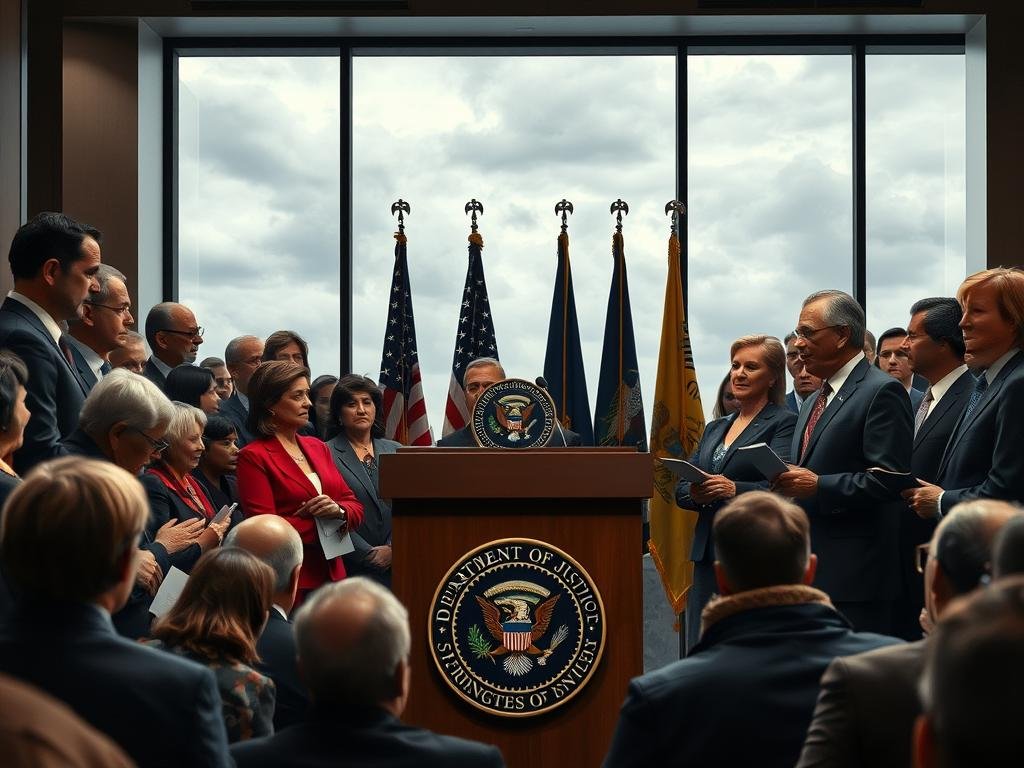 A formal political event scene depicting the aftermath of a significant attorney general nomination and resignation from Congress. In the foreground, a diverse group of serious-looking politicians in professional business attire, engaged in discussion, some holding documents. In the middle ground, a podium with a microphone bearing the emblem of the Department of Justice, surrounded by flags, conveying importance. The background features a large window showing a cloudy sky, suggesting a tense atmosphere. Soft lighting, with focused beams on the podium, adds a dramatic effect. The image captures a mood of seriousness and contemplation, highlighting the gravity of the situation and the political tensions surrounding the event. A formal political event scene depicting the aftermath of a significant attorney general nomination and resignation from Congress. In the foreground, a diverse group of serious-looking politicians in professional business attire, engaged in discussion, some holding documents. In the middle ground, a podium with a microphone bearing the emblem of the Department of Justice, surrounded by flags, conveying importance. The background features a large window showing a cloudy sky, suggesting a tense atmosphere. Soft lighting, with focused beams on the podium, adds a dramatic effect. The image captures a mood of seriousness and contemplation, highlighting the gravity of the situation and the political tensions surrounding the event.