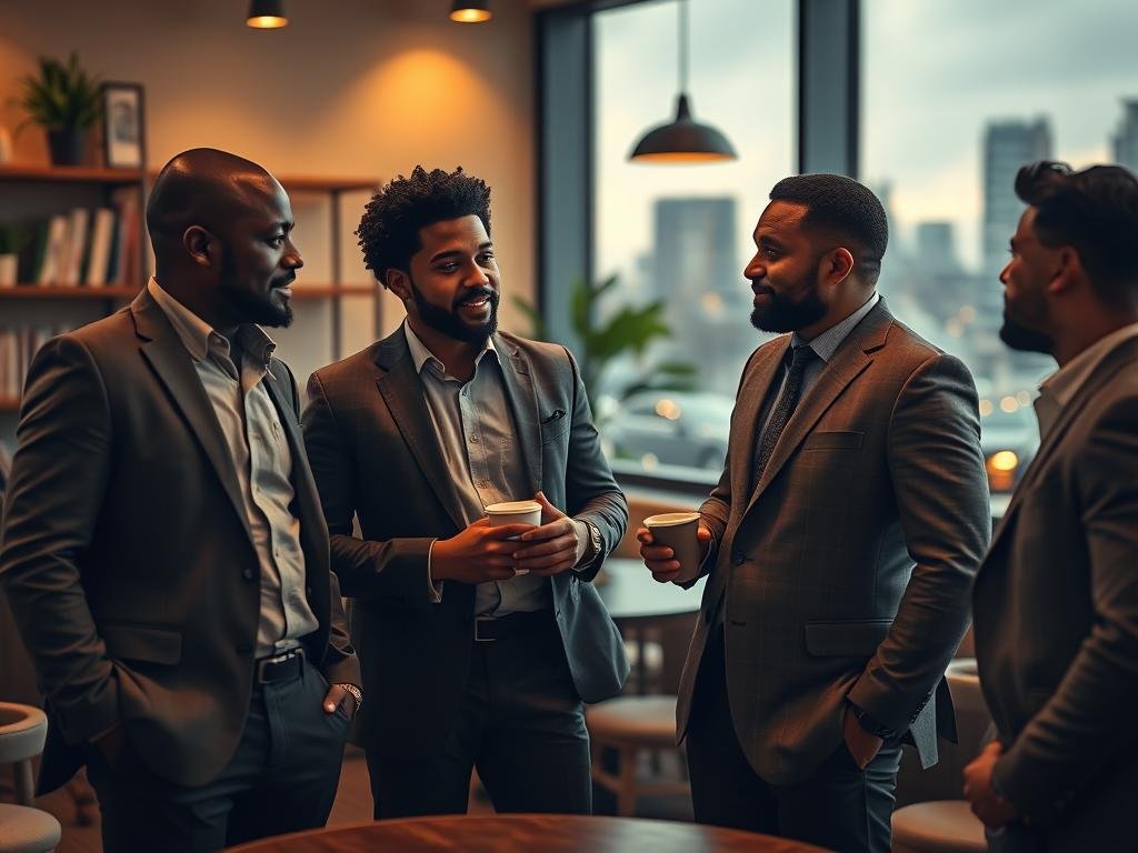 A heartfelt scene capturing the essence of brotherhood amidst personal reflections. In the foreground, a diverse group of four men, symbolizing different backgrounds and cultures, are engaged in a deep, meaningful conversation. They are dressed in smart casual attire: fitted blazers, button-up shirts, and slacks, exuding a warm camaraderie. The middle ground features a cozy coffee shop setting, with soft lighting casting a golden hue, creating an inviting atmosphere. Shelves with books and plants are visible, enhancing the environment of connection and growth. In the background, faint silhouettes of city buildings blur softly, suggesting a vibrant urban landscape. The overall mood is reflective yet warm, emphasizing the bonds of friendship, loyalty, and the evolving meaning of brotherhood.