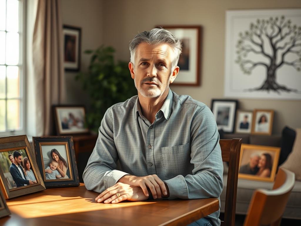A heartfelt scene depicting a man in his early 50s, with salt-and-pepper hair, sitting at a wooden table in a cozy, sunlit living room. He wears a smart, casual button-up shirt and jeans, exuding warmth and approachability. Surrounding him are family photos in elegant frames, showcasing moments with his children and a loving partner, highlighting his personal life and roots. In the background, a soft-focus view of a family tree illustration hangs on the wall. The natural light streaming through a window enhances the intimate atmosphere, creating a sense of reflection and connection. Capture this moment from a slightly elevated angle, focusing on the man's contemplative expression, conveying the theme of personal curiosity and familial bonds. A heartfelt scene depicting a man in his early 50s, with salt-and-pepper hair, sitting at a wooden table in a cozy, sunlit living room. He wears a smart, casual button-up shirt and jeans, exuding warmth and approachability. Surrounding him are family photos in elegant frames, showcasing moments with his children and a loving partner, highlighting his personal life and roots. In the background, a soft-focus view of a family tree illustration hangs on the wall. The natural light streaming through a window enhances the intimate atmosphere, creating a sense of reflection and connection. Capture this moment from a slightly elevated angle, focusing on the man's contemplative expression, conveying the theme of personal curiosity and familial bonds.