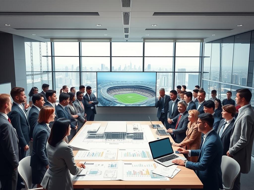 A modern conference room filled with diverse professionals in business attire, engaged in a collaborative meeting. In the foreground, a diverse group stands around a digital presentation displaying architectural models of a new stadium. The middle ground features a large table covered with blueprints and laptops, with diagrams and milestone charts visible. Bright, even lighting enhances the atmosphere of excitement and anticipation. The background reveals floor-to-ceiling windows showcasing a cityscape, indicating progress and development. A sense of camaraderie and focus fills the air, symbolizing forward momentum and collective effort towards achieving the stadium project targeted for 2029. Aim for a realistic style with details in expressions and body language that convey optimism and teamwork. A modern conference room filled with diverse professionals in business attire, engaged in a collaborative meeting. In the foreground, a diverse group stands around a digital presentation displaying architectural models of a new stadium. The middle ground features a large table covered with blueprints and laptops, with diagrams and milestone charts visible. Bright, even lighting enhances the atmosphere of excitement and anticipation. The background reveals floor-to-ceiling windows showcasing a cityscape, indicating progress and development. A sense of camaraderie and focus fills the air, symbolizing forward momentum and collective effort towards achieving the stadium project targeted for 2029. Aim for a realistic style with details in expressions and body language that convey optimism and teamwork.