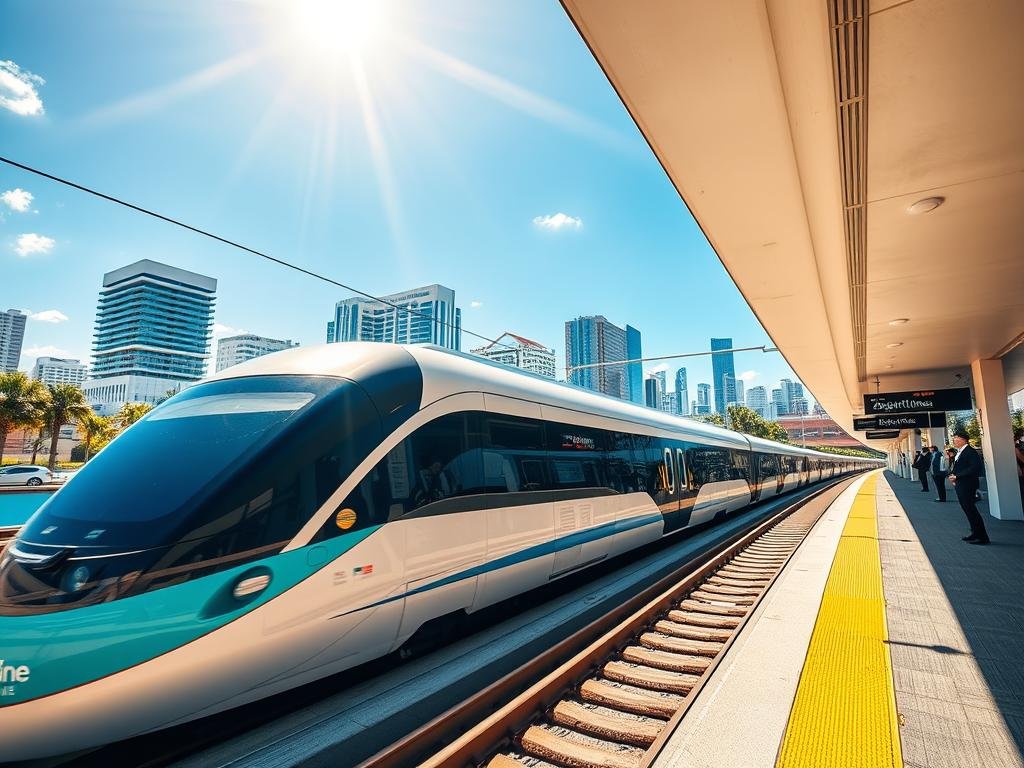 A modern urban landscape depicting the vibrant city of Tampa, Florida, in the foreground. A sleek Brightline train is seen at a station, showcasing its contemporary design in vivid colors. The middle ground features a bustling platform with diverse professionals in business attire waiting in anticipation, symbolizing excitement and readiness for this new transportation option. The background includes iconic Tampa skyline buildings, with clear blue skies overhead, casting warm sunlight that creates a welcoming atmosphere. A sense of urgency and possibility is conveyed through dynamic angles, focusing on the station's architecture and train tracks converging toward the horizon, inviting viewers to ponder the future of Brightline in Tampa. A modern urban landscape depicting the vibrant city of Tampa, Florida, in the foreground. A sleek Brightline train is seen at a station, showcasing its contemporary design in vivid colors. The middle ground features a bustling platform with diverse professionals in business attire waiting in anticipation, symbolizing excitement and readiness for this new transportation option. The background includes iconic Tampa skyline buildings, with clear blue skies overhead, casting warm sunlight that creates a welcoming atmosphere. A sense of urgency and possibility is conveyed through dynamic angles, focusing on the station's architecture and train tracks converging toward the horizon, inviting viewers to ponder the future of Brightline in Tampa.