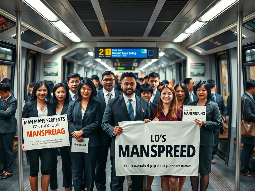 A modern urban setting, capturing the essence of a public campaign against manspreading. In the foreground, a diverse group of individuals in professional business attire are standing together, holding symbolic signs and banners that advocate for respectful public space usage. The middle ground features a stylish bus or subway station with subtle visuals of campaign posters on the walls. The background showcases bustling city life, with people interacting and commuting, adding energy to the scene. Soft but focused lighting highlights the expressions of determination and solidarity among the group. A slightly elevated angle brings the viewer into the action, emphasizing collaboration and community. The overall mood is empowering and civic-minded, reflecting the serious yet hopeful tone of social change.