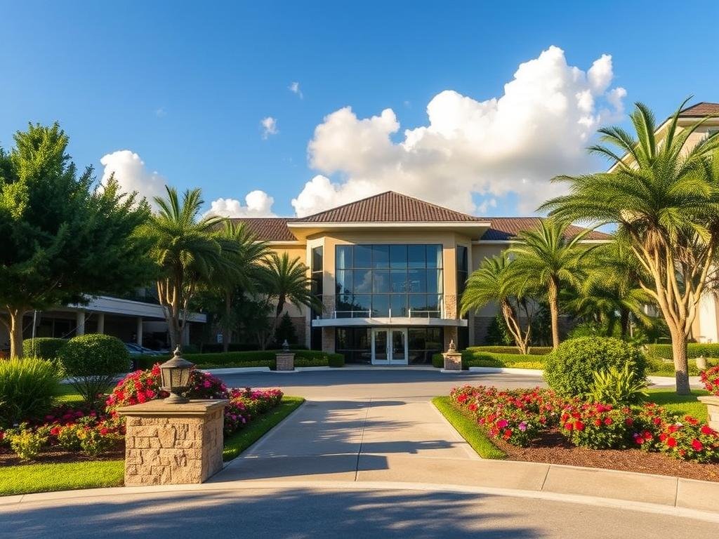A picturesque view of Carrollwood Landmark, situated near Dale Mabry, capturing the essence of suburban elegance. In the foreground, a beautifully landscaped entrance featuring lush greenery and decorative stonework, flanked by vibrant flowering bushes. The middle ground showcases the distinctive architectural style of the landmark itself, a modern yet classic structure with large glass windows reflecting the surrounding landscape. In the background, a clear blue sky contrasted with soft, fluffy clouds creates a serene atmosphere. The lighting is warm and inviting, suggesting late afternoon sunlight with gentle shadows. The perspective is slightly elevated, providing a comprehensive view while maintaining a welcoming feel to the scene. This image should evoke a sense of community and refinement, perfectly illustrating the location context of the article. A picturesque view of Carrollwood Landmark, situated near Dale Mabry, capturing the essence of suburban elegance. In the foreground, a beautifully landscaped entrance featuring lush greenery and decorative stonework, flanked by vibrant flowering bushes. The middle ground showcases the distinctive architectural style of the landmark itself, a modern yet classic structure with large glass windows reflecting the surrounding landscape. In the background, a clear blue sky contrasted with soft, fluffy clouds creates a serene atmosphere. The lighting is warm and inviting, suggesting late afternoon sunlight with gentle shadows. The perspective is slightly elevated, providing a comprehensive view while maintaining a welcoming feel to the scene. This image should evoke a sense of community and refinement, perfectly illustrating the location context of the article.