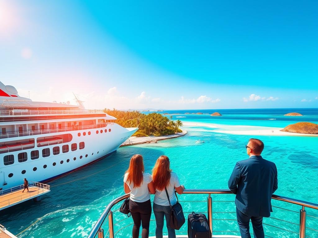 A picturesque view showcasing a tropical paradise highlighting Bahamas and Caribbean itineraries. In the foreground, a stylish cruise ship docked at a vibrant port, with passengers dressed in casual, professional attire enjoying the scenery. In the middle-ground, clear turquoise waters gently lap against the shore, with lush greenery and palm trees lining the coastline. A bright sun casts a warm glow, creating a tranquil atmosphere. In the background, distant islands with sandy beaches can be seen under a clear blue sky, inviting adventure. The scene is captured from a slight elevation, giving a sense of depth and inviting exploration, enhancing the allure of these stunning travel destinations. The overall mood is cheerful and enticing, perfect for highlighting luxurious travel options.