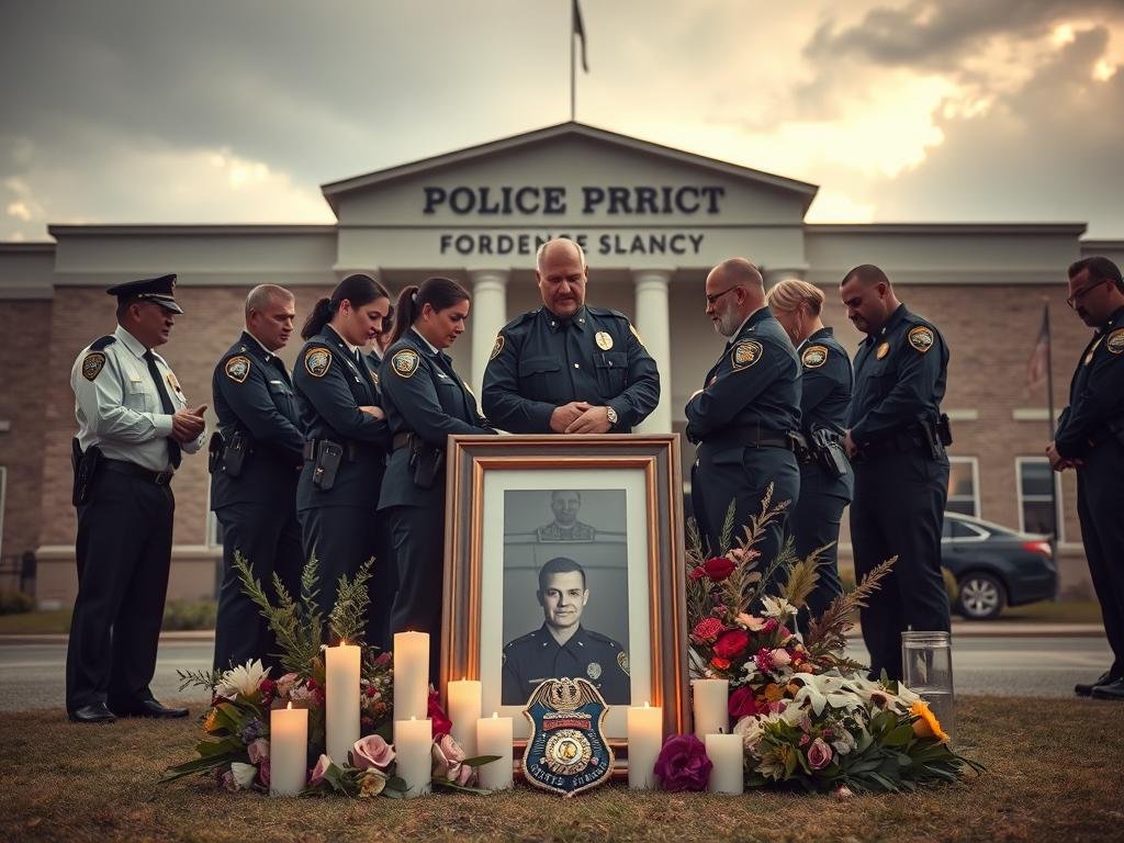 A poignant scene depicting grief and bereavement within a police agency after a sudden officer loss. In the foreground, a group of officers in professional business attire stand together in a somber huddle, their expressions reflecting profound sadness and support for one another. In the middle ground, a memorial setup with a framed photo of the fallen officer surrounded by flowers, candles, and a mourning badge. The background features a police precinct, softly lit through a cloudy sky, with muted colors to emphasize the somber mood. The lighting is soft and diffused, creating an atmosphere of reflection and compassion, with a focus on capturing the sense of community and emotional weight this loss brings to the agency.