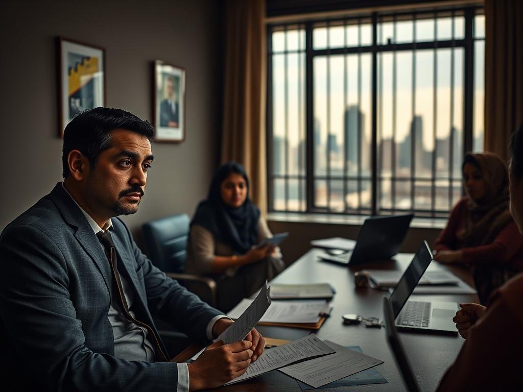 A poignant scene depicting the human impact of detainee stories, featuring a diverse group of individuals in a somber meeting room. In the foreground, a middle-aged Latino man in professional attire sits, looking contemplative, with a legal document in hand. Beside him, a South Asian woman in modest clothing is discussing legal options, her expression conveying urgency. In the middle, a desk cluttered with legal papers and a laptop illuminates their faces with warm, diffused light, suggesting hope amidst uncertainty. In the background, images of a city skyline through a barred window symbolize the looming risks of deportation. The atmosphere is tense yet hopeful, capturing the seriousness of legal access and the emotional weight of their stories. The composition uses a shallow depth of field, focusing on the individuals while hinting at the larger context outside.