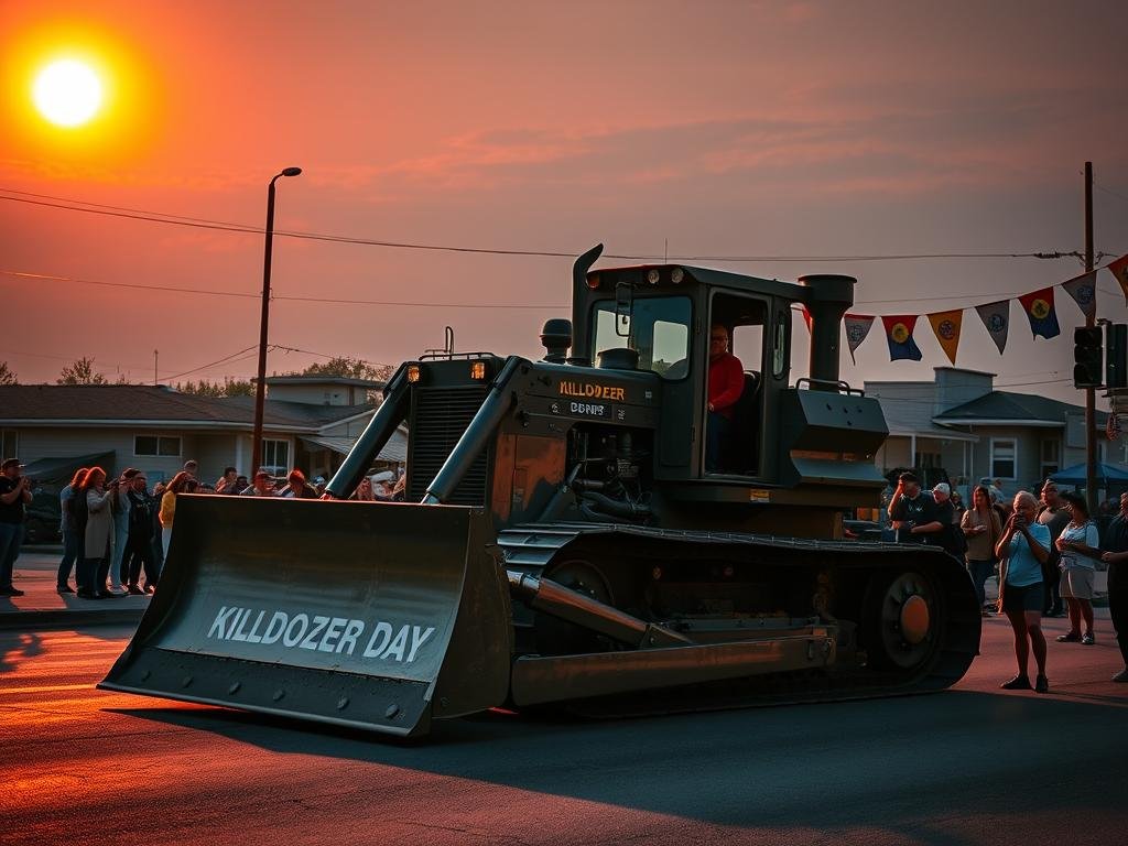 A powerful and dramatic scene showcasing a modified bulldozer, resembling Marvin Heemeyer’s infamous "Killdozer," poised in the foreground on a deserted street, its armor glimmering under an intense sunset. The middle ground features a small crowd of diverse people, dressed in casual clothing, observing this momentous event, some capturing images on their smartphones, reflecting digital culture. In the background, a few scattered buildings are visible, with banners celebrating "Killdozer Day" fluttering gently in the wind, signify the commemorative atmosphere. The lighting is warm, casting long shadows, and creating a nostalgic but tense mood. The shot is taken from a low angle, emphasizing the bulldozer's imposing presence while inviting the viewer to contemplate the complex interplay of culture and lore surrounding this incident.