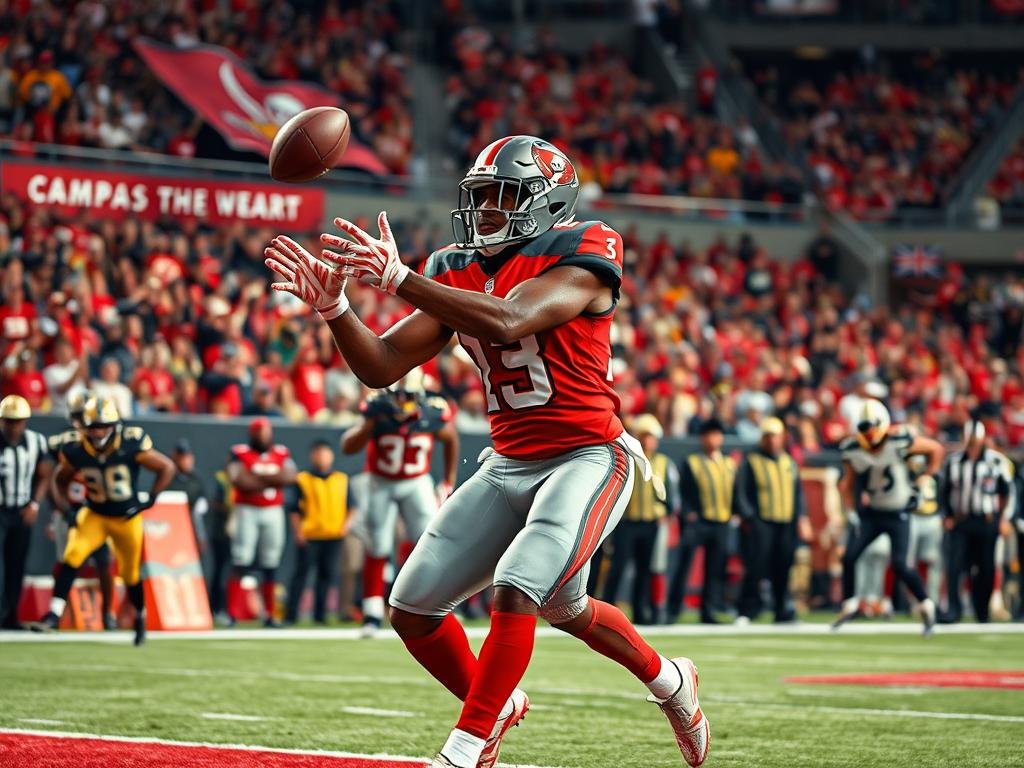 A professional football scene featuring Mike Evans, a prominent Tampa Bay wide receiver, in action on the field during a game against the New Orleans Saints. In the foreground, depict Evans in his Tampa Bay Buccaneers uniform, showcasing his athletic physique and agility as he makes a dynamic catch. The middle ground should include teammates, with focused expressions and in optimal positions, emphasizing teamwork and strategy. The background captures a vibrant stadium atmosphere with cheering fans, banners of the Buccaneers, and the iconic team colors of red and pewter. Use dramatic lighting to highlight the players, with a slight depth of field effect to draw attention to Evans. The mood should convey determination, excitement, and the spirit of competition, embodying his significant impact on the team. A professional football scene featuring Mike Evans, a prominent Tampa Bay wide receiver, in action on the field during a game against the New Orleans Saints. In the foreground, depict Evans in his Tampa Bay Buccaneers uniform, showcasing his athletic physique and agility as he makes a dynamic catch. The middle ground should include teammates, with focused expressions and in optimal positions, emphasizing teamwork and strategy. The background captures a vibrant stadium atmosphere with cheering fans, banners of the Buccaneers, and the iconic team colors of red and pewter. Use dramatic lighting to highlight the players, with a slight depth of field effect to draw attention to Evans. The mood should convey determination, excitement, and the spirit of competition, embodying his significant impact on the team.