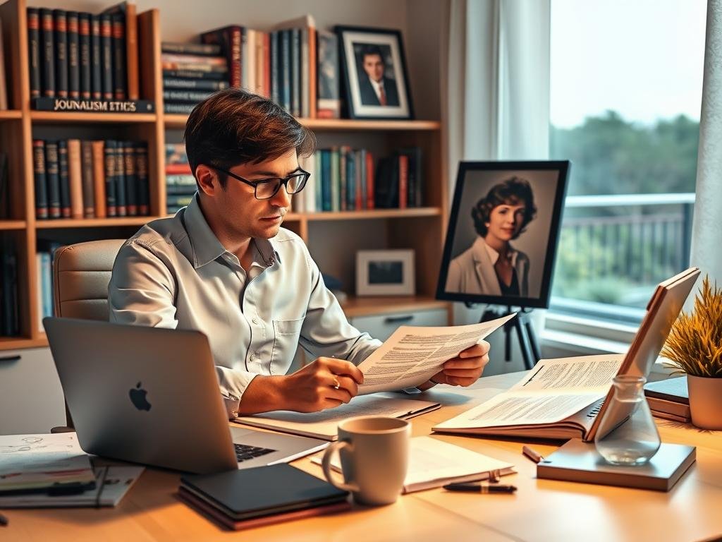 A professional journalist seated at a desk, meticulously reviewing documents related to a celebrity biography, symbolizes ethical reporting. In the foreground, a neatly organized workspace displays a laptop, notes, and a coffee cup, reflecting dedication to thorough research. The middle ground features shelves filled with books on journalism ethics, biographies, and a framed photo of June Carter Cash, enhancing the narrative context. The background depicts a soft-lit office with a window showcasing a serene outdoor view, creating a calm and thoughtful atmosphere. The lighting is warm and inviting, suggesting a sense of responsibility and sensitivity in reporting. The scene captures a moment of focused integrity, emphasizing the importance of accurate sources and respectful journalism. A professional journalist seated at a desk, meticulously reviewing documents related to a celebrity biography, symbolizes ethical reporting. In the foreground, a neatly organized workspace displays a laptop, notes, and a coffee cup, reflecting dedication to thorough research. The middle ground features shelves filled with books on journalism ethics, biographies, and a framed photo of June Carter Cash, enhancing the narrative context. The background depicts a soft-lit office with a window showcasing a serene outdoor view, creating a calm and thoughtful atmosphere. The lighting is warm and inviting, suggesting a sense of responsibility and sensitivity in reporting. The scene captures a moment of focused integrity, emphasizing the importance of accurate sources and respectful journalism.