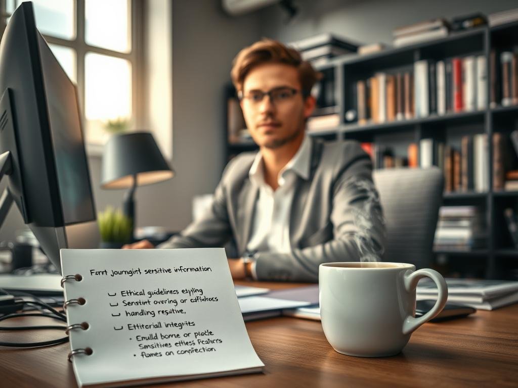 A professional journalist sitting at a cluttered desk in a modern editorial office, focused intently on a computer screen displaying sensitive information. The foreground features a notepad with ethical guidelines for handling sensitive information, alongside a steaming cup of coffee. In the middle, a soft, warm light filters through a nearby window, illuminating the determination on the journalist’s face. They are dressed in business attire, exuding professionalism and integrity. In the background, shelves filled with books on journalism ethics and integrity emphasize the theme. The atmosphere is serious yet hopeful, conveying the importance of editorial integrity in reporting on sensitive topics. The image should be sharp and well-composed, with a shallow depth of field to accentuate the foreground elements. A professional journalist sitting at a cluttered desk in a modern editorial office, focused intently on a computer screen displaying sensitive information. The foreground features a notepad with ethical guidelines for handling sensitive information, alongside a steaming cup of coffee. In the middle, a soft, warm light filters through a nearby window, illuminating the determination on the journalist’s face. They are dressed in business attire, exuding professionalism and integrity. In the background, shelves filled with books on journalism ethics and integrity emphasize the theme. The atmosphere is serious yet hopeful, conveying the importance of editorial integrity in reporting on sensitive topics. The image should be sharp and well-composed, with a shallow depth of field to accentuate the foreground elements.