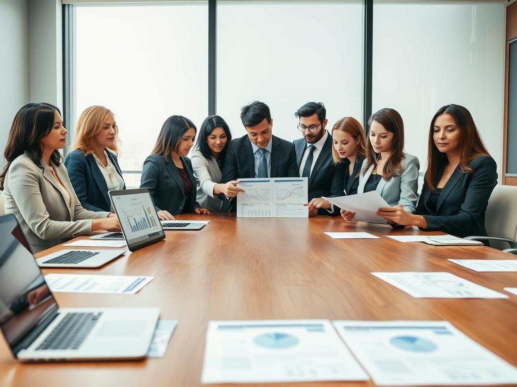 A professional office setting with a large wooden conference table in the foreground, adorned with financial reports and a laptop displaying graphs. In the middle ground, a group of diverse business professionals in professional attire, including women and men of various ethnicities, engaged in a discussion about bed tax regulations. They are reviewing documents and pointing at charts depicting who owes taxes and when. In the background, a large window lets in natural light, illuminating the space and creating a productive atmosphere. The overall mood is serious yet collaborative, emphasizing clarity and understanding of the bed tax topic. The scene is captured from a slightly elevated angle for a dynamic perspective, showcasing the teamwork involved in navigating bed tax regulations.