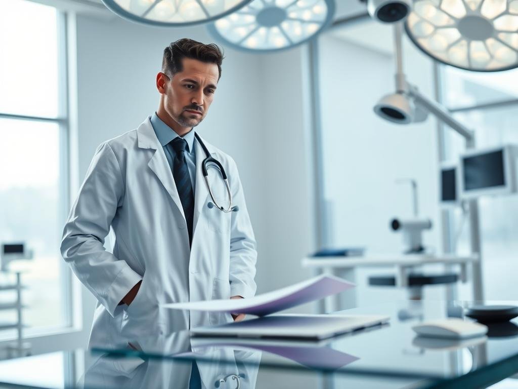 A professional plastic surgeon named Dr. K stands confidently in a modern, well-lit operating room. He is wearing a crisp, white lab coat over professional business attire, with a stethoscope around his neck. In the foreground, Dr. K is seen examining a patient's file on a sleek glass table. The middle ground features advanced surgical instruments neatly arranged, hinting at a high-tech environment. In the background, large windows let in soft, natural light, illuminating the clean, sterile space. The atmosphere conveys a sense of professionalism and trust, with a focus on the surgeon's expertise. The lens captures a slight depth of field, emphasizing Dr. K while softly blurring the surrounding details, creating a sense of intimacy and focus.