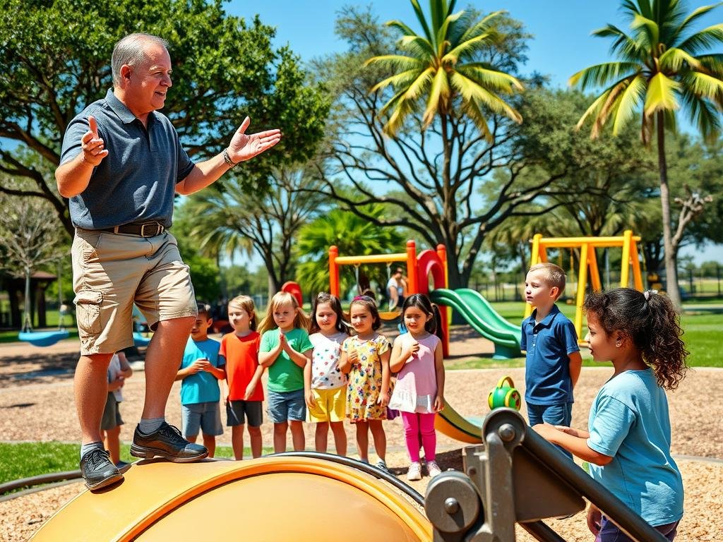 A professional setting depicting an outdoor playground scene in a sunny Florida park. In the foreground, a non-threatening Florida man in a smart casual outfit (khaki shorts and a polo shirt) stands atop playground equipment, such as a slide or climbing frame, gesturing animatedly, illustrating a safe and engaging atmosphere. In the middle ground, a diverse group of kids in colorful play clothing watch attentively, showing curiosity and engagement, while playing with toys. The background features vibrant playground scenery, with trees, swings, and clear blue skies. The lighting is bright and warm, casting soft shadows that enhance the lively mood, suggesting an educational moment. The composition should be framed from a slightly low angle to emphasize the active interaction and height of the playground equipment.