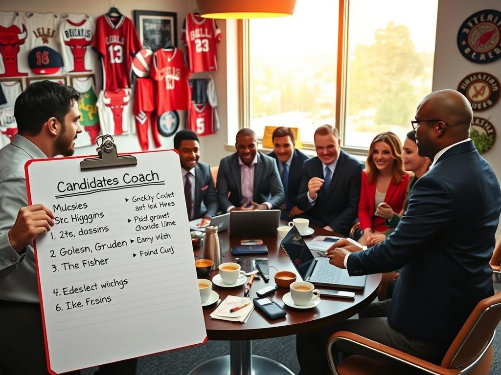 A professional setting featuring a colorful, engaging meeting room where a diverse group of individuals are discussing candidates for the next Bulls coach. In the foreground, a group of three professionals in business attire, animatedly sharing ideas, with a large notepad filled with names and key points about Higgins, Golesh, Gruden, and Fisher. In the middle, a round table cluttered with coffee cups, laptops, and sports memorabilia, highlighting the connection to the Bulls. The background showcases a wall adorned with sports jerseys and team logos, softly illuminated by warm, natural light from large windows, suggesting a productive and hopeful atmosphere. The composition emphasizes teamwork and strategic thinking, capturing the essence of the decision-making process in a sports context. A professional setting featuring a colorful, engaging meeting room where a diverse group of individuals are discussing candidates for the next Bulls coach. In the foreground, a group of three professionals in business attire, animatedly sharing ideas, with a large notepad filled with names and key points about Higgins, Golesh, Gruden, and Fisher. In the middle, a round table cluttered with coffee cups, laptops, and sports memorabilia, highlighting the connection to the Bulls. The background showcases a wall adorned with sports jerseys and team logos, softly illuminated by warm, natural light from large windows, suggesting a productive and hopeful atmosphere. The composition emphasizes teamwork and strategic thinking, capturing the essence of the decision-making process in a sports context.