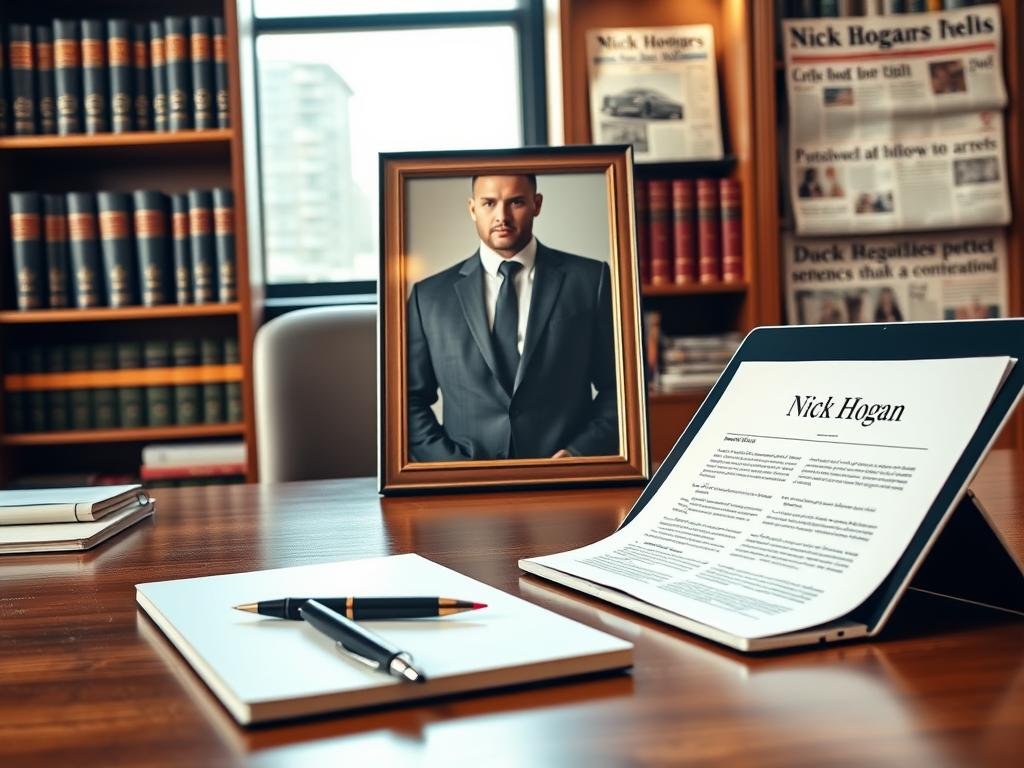 A professional workspace setup with a sleek wooden desk in the foreground, featuring a laptop open to a legal document titled "Nick Hogan," beside an elegant pen and a notepad. In the middle, a framed photo of Nick Hogan dressed in smart casual attire with a subdued expression reflects his public image, symbolizing his recent legal challenges. The background includes a bookshelf filled with law books and media coverage, with newspaper clippings featuring headlines about DUI arrests and probation sentences. The office is warmly lit with natural light streaming through a window, creating a somber yet focused atmosphere, hinting at the serious nature of the subject matter. The angle is slightly tilted to add a dynamic feel to the composition. A professional workspace setup with a sleek wooden desk in the foreground, featuring a laptop open to a legal document titled "Nick Hogan," beside an elegant pen and a notepad. In the middle, a framed photo of Nick Hogan dressed in smart casual attire with a subdued expression reflects his public image, symbolizing his recent legal challenges. The background includes a bookshelf filled with law books and media coverage, with newspaper clippings featuring headlines about DUI arrests and probation sentences. The office is warmly lit with natural light streaming through a window, creating a somber yet focused atmosphere, hinting at the serious nature of the subject matter. The angle is slightly tilted to add a dynamic feel to the composition.