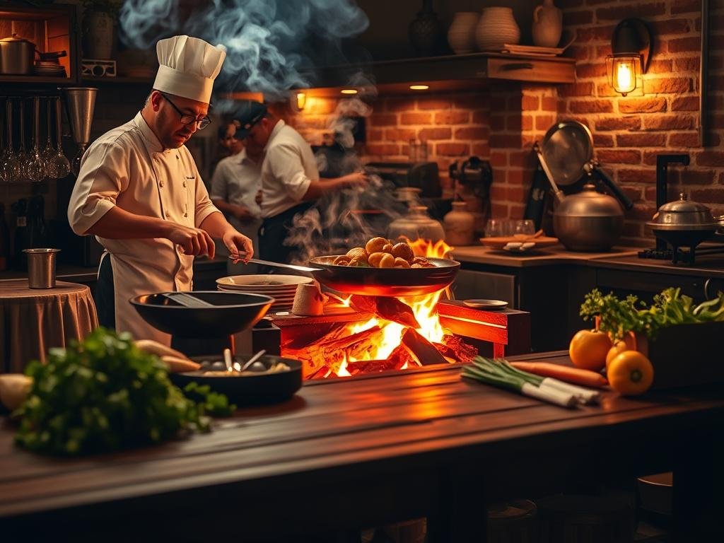 A rustic kitchen scene centered around a vibrant fire-hearth, where glowing embers illuminate various culinary tools and fresh ingredients. In the foreground, a skilled chef in professional attire, carefully tends to a sizzling dish over the open flames, with smoke curling into the air. The middle ground features a wooden table laden with seasonal vegetables and herbs, adding an earthy contrast to the warmth of the fire. In the background, rustic brick walls provide a cozy ambience, while soft, warm lighting enhances the inviting atmosphere. The overall mood embodies the essence of traditional fire-hearth cooking, emphasizing freshness and craftsmanship, reflecting the culinary focus of the menu. Capture this intimate dining experience from a slightly elevated angle to showcase the depth of the scene.