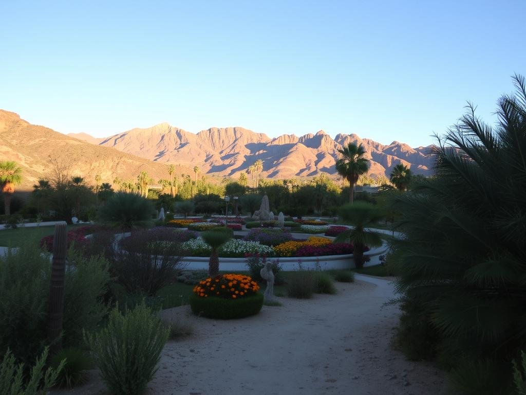 A scenic view of Oswit Canyon, showcasing trails, lush gardens, and notable landmarks. In the foreground, a winding dirt trail leads into the canyon, framed by vibrant desert flora and greenery. The middle ground features a diverse array of colorful flowers and shrubs in a well-maintained garden, inviting exploration. Towering rock formations and iconic Palm Springs landmarks rise majestically in the background, bathed in warm, golden sunlight. The atmosphere is peaceful and inviting, with soft shadows and a clear blue sky, creating a tranquil, nature-focused setting. Capture this scene from a slightly elevated angle to emphasize the expansive landscape and inviting trails, evoking a sense of adventure and exploration.