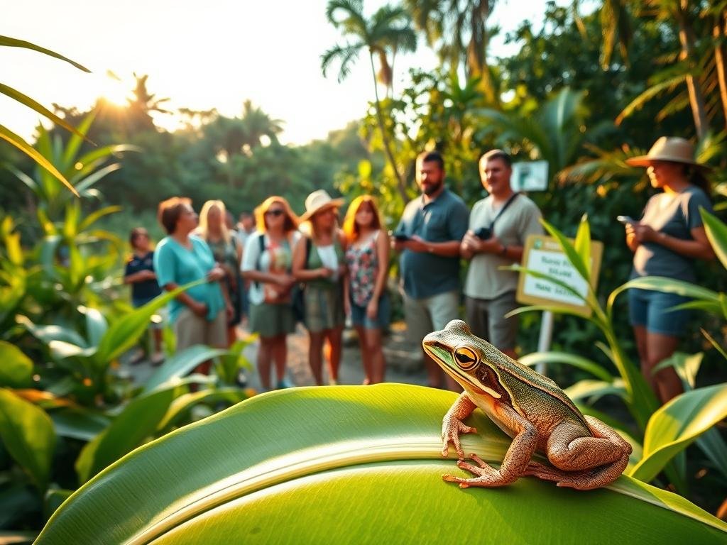 A serene Florida landscape featuring a Cuban tree frog resting on a vibrant green leaf in the foreground, showcasing its distinctive coloration with shades of green and orange. In the middle ground, a diverse group of community members is engaged in a conservation activity, wearing casual clothing and using tools like clipboards and cameras to report sightings of the invasive frog. A warm golden light bathes the scene, suggesting early morning or late afternoon. In the background, lush subtropical plants and trees frame the setting, with a hint of a conservation sign to emphasize community action. The mood is collaborative and hopeful, highlighting the importance of public reporting in wildlife conservation efforts. A serene Florida landscape featuring a Cuban tree frog resting on a vibrant green leaf in the foreground, showcasing its distinctive coloration with shades of green and orange. In the middle ground, a diverse group of community members is engaged in a conservation activity, wearing casual clothing and using tools like clipboards and cameras to report sightings of the invasive frog. A warm golden light bathes the scene, suggesting early morning or late afternoon. In the background, lush subtropical plants and trees frame the setting, with a hint of a conservation sign to emphasize community action. The mood is collaborative and hopeful, highlighting the importance of public reporting in wildlife conservation efforts.