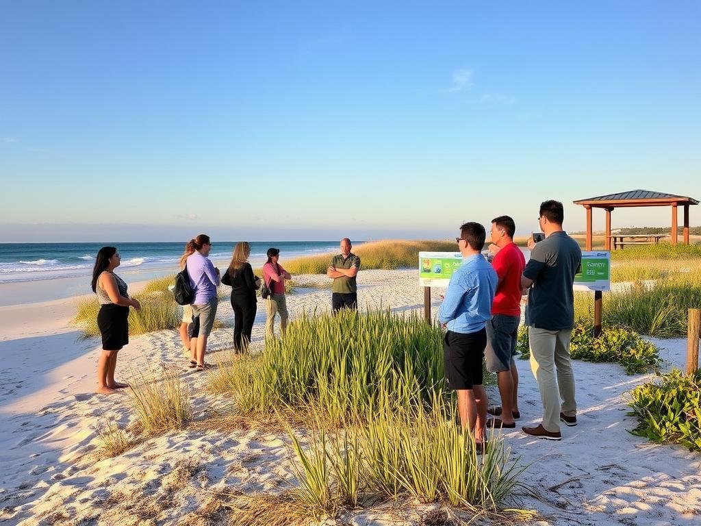 A serene coastal scene at Eglin Beach Park, showcasing a beautiful sandy beach lined with tall, healthy sea oats and gentle waves lapping at the shore. In the foreground, a diverse group of people in casual, professional attire observe safety signage emphasizing regulations like "No Littering" and "Swim Safely". In the middle ground, a park ranger gives a safety briefing about environmental protections, surrounded by lush greenery and native plants. The background features a clear blue sky with a few wispy clouds, and the distant silhouette of a well-maintained picnic area with eco-friendly waste bins. The lighting is warm and inviting, reflecting a golden hour glow, creating a peaceful and informative atmosphere that underscores the importance of safety and environmental stewardship at the beach.