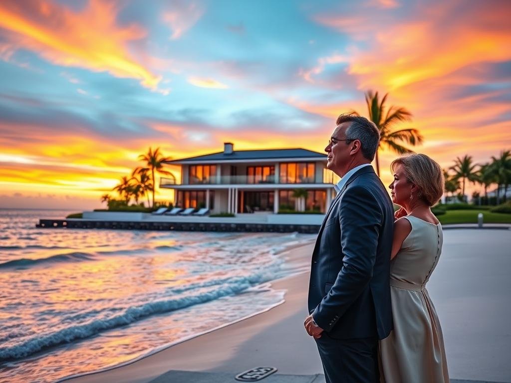A serene coastal scene showcasing a luxurious mansion for sale, set against a vibrant sunset. In the foreground, a professionally dressed couple, a man in a tailored suit and a woman in an elegant dress, stand thoughtfully together, gazing towards the mansion. The middle ground features the spacious Belleair Shores mansion with modern architectural elements, large windows, and a well-manicured garden. The background includes the tranquil shoreline with gentle waves lapping at the sand, palm trees swaying slightly in the breeze, and a colorful sky filled with hues of orange, pink, and purple. Soft, warm lighting enhances the inviting atmosphere, while the composition conveys a sense of contemplation and transition, encapsulating the theme of downsizing while remaining in a familiar, beautiful locale.