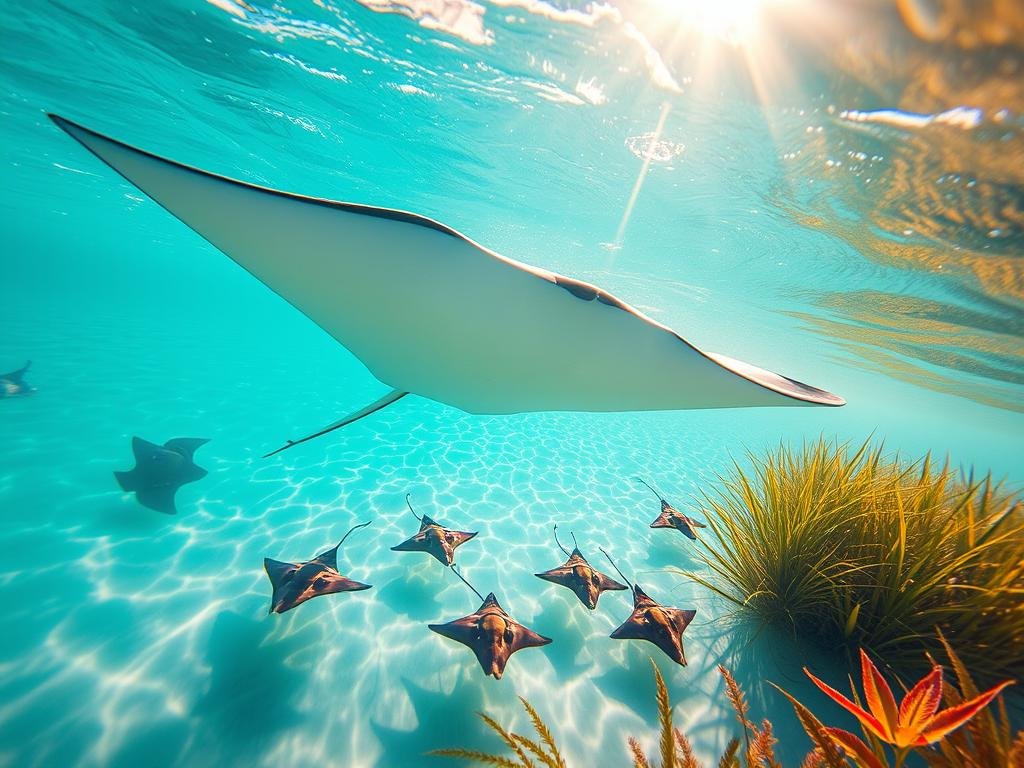 A serene depiction of Tampa Bay’s vibrant marine life, showcasing a graceful manta ray gliding through clear turquoise waters, surrounded by gentle ocean rays and elegant stingrays. In the foreground, the manta ray's wings are spread wide, capturing sunlight filtering through the water, creating a dappled light effect. The middle ground features playful stingrays darting among sea grasses, while the background reveals distant palm trees and the shimmering skyline of Tampa. The scene is illuminated by warm, golden sunlight, enhancing the tranquil atmosphere of a sunny beach day. The angle is slightly above the waterline, offering a relaxed view that embraces the essence of Tampa Bay's coastal culture, evoking feelings of peace and connection with nature. A serene depiction of Tampa Bay’s vibrant marine life, showcasing a graceful manta ray gliding through clear turquoise waters, surrounded by gentle ocean rays and elegant stingrays. In the foreground, the manta ray's wings are spread wide, capturing sunlight filtering through the water, creating a dappled light effect. The middle ground features playful stingrays darting among sea grasses, while the background reveals distant palm trees and the shimmering skyline of Tampa. The scene is illuminated by warm, golden sunlight, enhancing the tranquil atmosphere of a sunny beach day. The angle is slightly above the waterline, offering a relaxed view that embraces the essence of Tampa Bay's coastal culture, evoking feelings of peace and connection with nature.