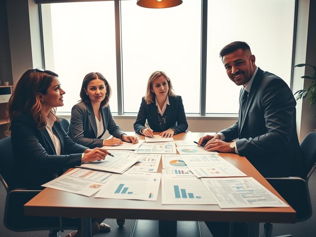 A serene office environment focusing on safety and support. In the foreground, a diverse group of three professionals—two women and one man—discuss a safety plan around a table. Each dressed in smart business attire, their expressions indicating collaboration and concern. In the middle, various safety planning documents are spread out, highlighting charts and notes emphasizing evidence-building. The background features a large window with soft natural light streaming in, enhancing the atmosphere of openness and trust. Warm hues create a hopeful mood, while shadows provide depth, suggesting a serious yet proactive approach to safety. Overall, the composition conveys commitment to support, planning, and evidence gathering in a professional setting.