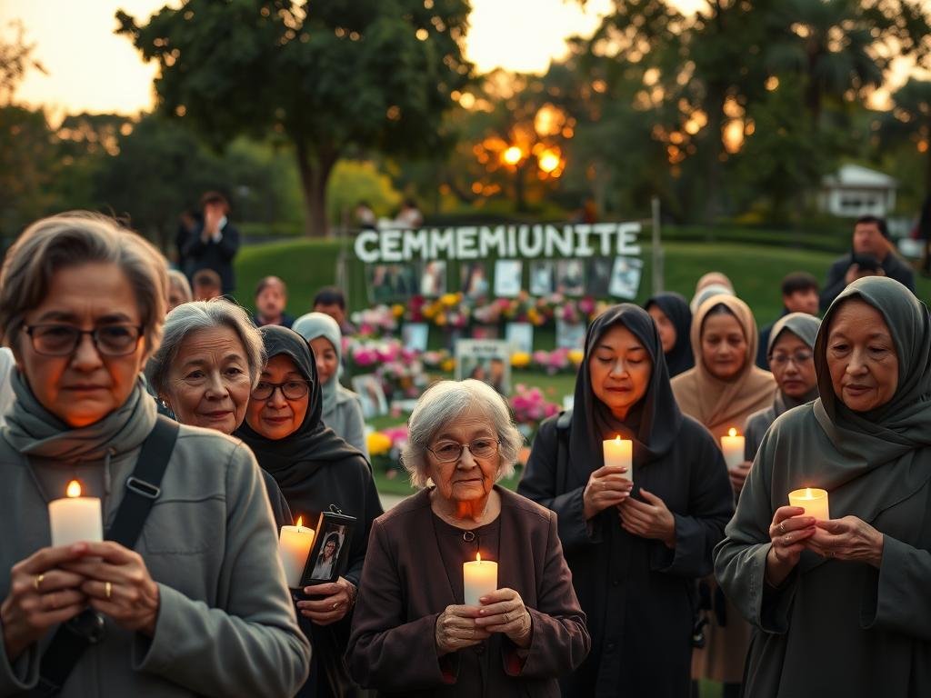A serene outdoor gathering dedicated to "community remembrance," showcasing a diverse group of people in modest clothing, reflecting a sense of unity and respect. In the foreground, individuals of varying ages, including elderly members, are holding candles and small framed photographs of loved ones, with soft light illuminating their faces. The middle ground features a lush park setting with blooming flowers and a makeshift memorial adorned with names and tribute messages. In the background, a gentle sunset casts warm, golden hues over the scene, creating an atmosphere of reflection and hope. The composition is framed through a shallow depth of field, emphasizing the emotions on the attendees' faces. The overall mood is somber yet uplifting, conveying a deep sense of connection and honor. A serene outdoor gathering dedicated to "community remembrance," showcasing a diverse group of people in modest clothing, reflecting a sense of unity and respect. In the foreground, individuals of varying ages, including elderly members, are holding candles and small framed photographs of loved ones, with soft light illuminating their faces. The middle ground features a lush park setting with blooming flowers and a makeshift memorial adorned with names and tribute messages. In the background, a gentle sunset casts warm, golden hues over the scene, creating an atmosphere of reflection and hope. The composition is framed through a shallow depth of field, emphasizing the emotions on the attendees' faces. The overall mood is somber yet uplifting, conveying a deep sense of connection and honor.