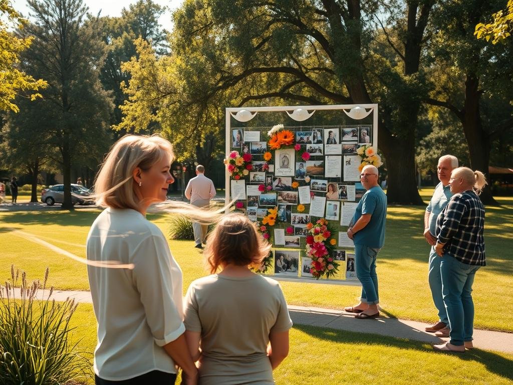 A serene outdoor scene showcasing Marie Carlson's Tribute Wall, featuring a beautifully designed vertical structure adorned with heartfelt messages and photos from family and friends. In the foreground, a gentle breeze rustles through a small gathering of people in modest casual clothing, their expressions reflecting a mix of nostalgia and celebration. The middle ground displays the Tribute Wall, intricately embellished with colorful flowers and personal mementos, surrounded by soft greenery. The background features a sunny park setting, with trees casting dappled shadows on the ground, creating a warm, inviting atmosphere. The lighting is soft and golden, enhancing the emotional depth of the moment. Shot from a slightly elevated angle, the image captures the essence of remembrance and connection. A serene outdoor scene showcasing Marie Carlson's Tribute Wall, featuring a beautifully designed vertical structure adorned with heartfelt messages and photos from family and friends. In the foreground, a gentle breeze rustles through a small gathering of people in modest casual clothing, their expressions reflecting a mix of nostalgia and celebration. The middle ground displays the Tribute Wall, intricately embellished with colorful flowers and personal mementos, surrounded by soft greenery. The background features a sunny park setting, with trees casting dappled shadows on the ground, creating a warm, inviting atmosphere. The lighting is soft and golden, enhancing the emotional depth of the moment. Shot from a slightly elevated angle, the image captures the essence of remembrance and connection.