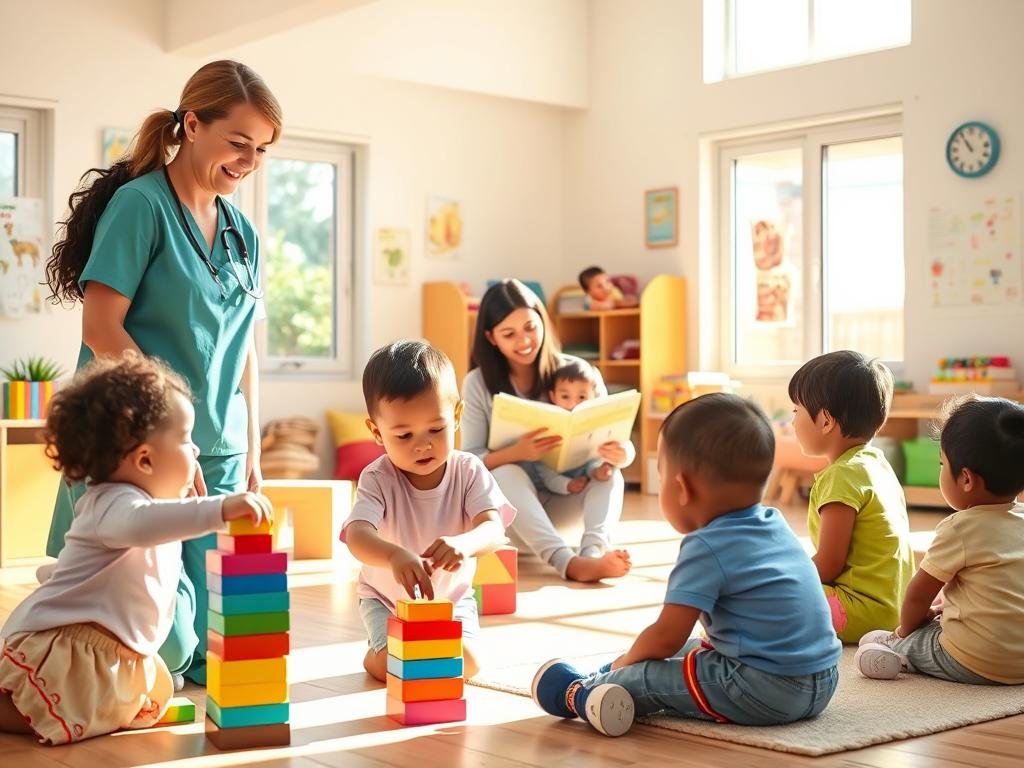 A serene scene depicting a group of diverse children engaging in interactive learning activities in a brightly lit, cheerful orphanage setting. In the foreground, two children are playfully stacking colorful blocks, while a caregiver, dressed in professional attire, observes with a warm smile. In the middle ground, another caregiver is reading a story to a small group of attentively listening children, surrounded by educational posters on the walls. Sunlight streams through large windows, creating a warm and inviting atmosphere, lending a sense of hope and safety. The background features cozy seating areas filled with books and art supplies, emphasizing a nurturing environment that fosters growth and development. The overall mood is uplifting, emphasizing positivity and a sense of community.