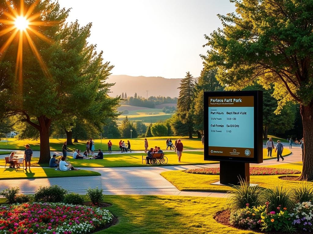 A serene view of Padgett Park during golden hour, featuring an inviting park entrance with lush green trees and well-maintained flower beds in the foreground. In the middle ground, families and friends are leisurely enjoying their time, some picnicking on checkered blankets, while others stroll along winding paths. A digital display board clearly shows park hours and suggested best visit times, artistically integrated into the scenery yet unobtrusive. The background features rolling hills and a clear blue sky, with soft sunlight casting a warm glow over the scene, creating an inviting and cheerful atmosphere. The image should evoke a sense of community and tranquility, shot from a slightly elevated angle to capture the essence of the park’s beauty and accessibility. A serene view of Padgett Park during golden hour, featuring an inviting park entrance with lush green trees and well-maintained flower beds in the foreground. In the middle ground, families and friends are leisurely enjoying their time, some picnicking on checkered blankets, while others stroll along winding paths. A digital display board clearly shows park hours and suggested best visit times, artistically integrated into the scenery yet unobtrusive. The background features rolling hills and a clear blue sky, with soft sunlight casting a warm glow over the scene, creating an inviting and cheerful atmosphere. The image should evoke a sense of community and tranquility, shot from a slightly elevated angle to capture the essence of the park’s beauty and accessibility.