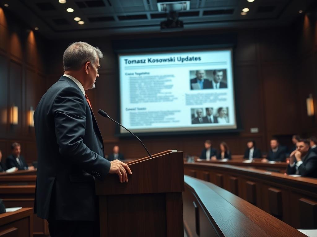 A serious and somber courtroom setting featuring a well-dressed attorney, in a tailored navy suit, standing confidently at a wooden podium. The attorney is focused and gesturing towards a large projected screen that displays blurred documents and case updates related to the Tomasz Kosowski case. In the background, a group of attentive legal professionals in business attire are seated, taking notes. Dramatic lighting from overhead fixtures casts a soft, focused glow on the podium, while darker areas of the courtroom create a sense of tension. The mood is one of anticipation and determination, reflecting the gravity of the defense position. Captivating depth of field, with a slightly blurred background to emphasize the attorney in the foreground.