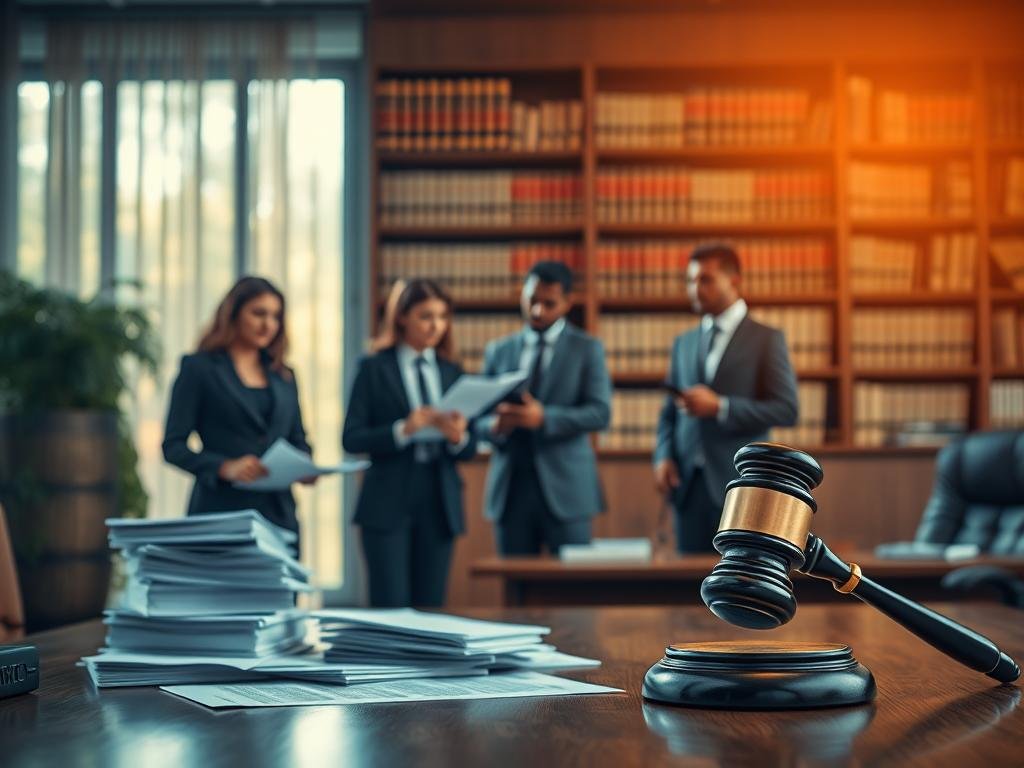 A solemn legal office interior, showcasing a large wooden table in the foreground with stacks of legal documents and a gavel. In the middle, a group of diverse professionals in business attire; a female lawyer analyzing a file, a male lawyer discussing with a colleague, both appearing focused and serious. In the background, soft-lit shelves filled with law books and a large window allowing warm natural light to stream in, creating a reflective and contemplative atmosphere. The color palette should include deep blues and browns, emphasizing professionalism. The overall mood conveys the gravity of legal proceedings, highlighting the importance of justice and accountability in a sensitive case.