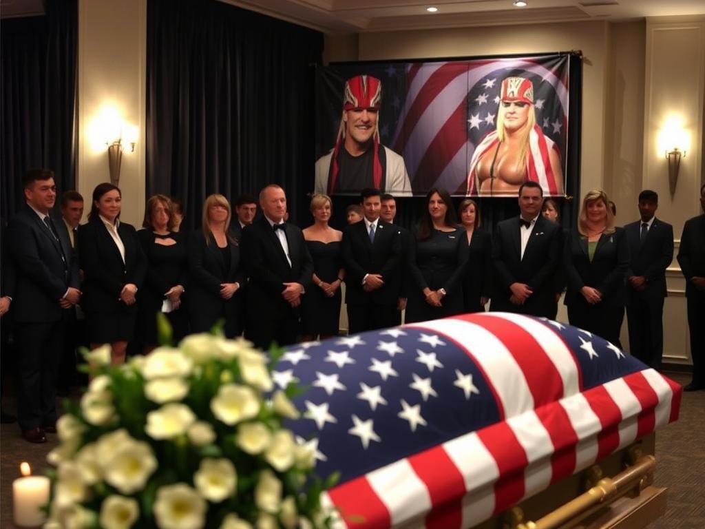 A somber indoor funeral scene, depicting a respectful farewell for Hulk Hogan. In the foreground, a decorated casket draped in an American flag, surrounded by a bouquet of white flowers and memorial candles. The middle ground features a group of mourners, dressed in formal black attire, standing in quiet reflection, their expressions somber and respectful. In the background, soft lighting illuminates a banner with Hogan's likeness in tribute, framed by dark, elegant drapes. The atmosphere is filled with a sense of reverence and nostalgia, evoking a poignant moment of remembrance. The perspective is slightly elevated, capturing the entirety of the room, with a focus on the emotional impact of the gathering while maintaining a respectful and dignified tone. A somber indoor funeral scene, depicting a respectful farewell for Hulk Hogan. In the foreground, a decorated casket draped in an American flag, surrounded by a bouquet of white flowers and memorial candles. The middle ground features a group of mourners, dressed in formal black attire, standing in quiet reflection, their expressions somber and respectful. In the background, soft lighting illuminates a banner with Hogan's likeness in tribute, framed by dark, elegant drapes. The atmosphere is filled with a sense of reverence and nostalgia, evoking a poignant moment of remembrance. The perspective is slightly elevated, capturing the entirety of the room, with a focus on the emotional impact of the gathering while maintaining a respectful and dignified tone.