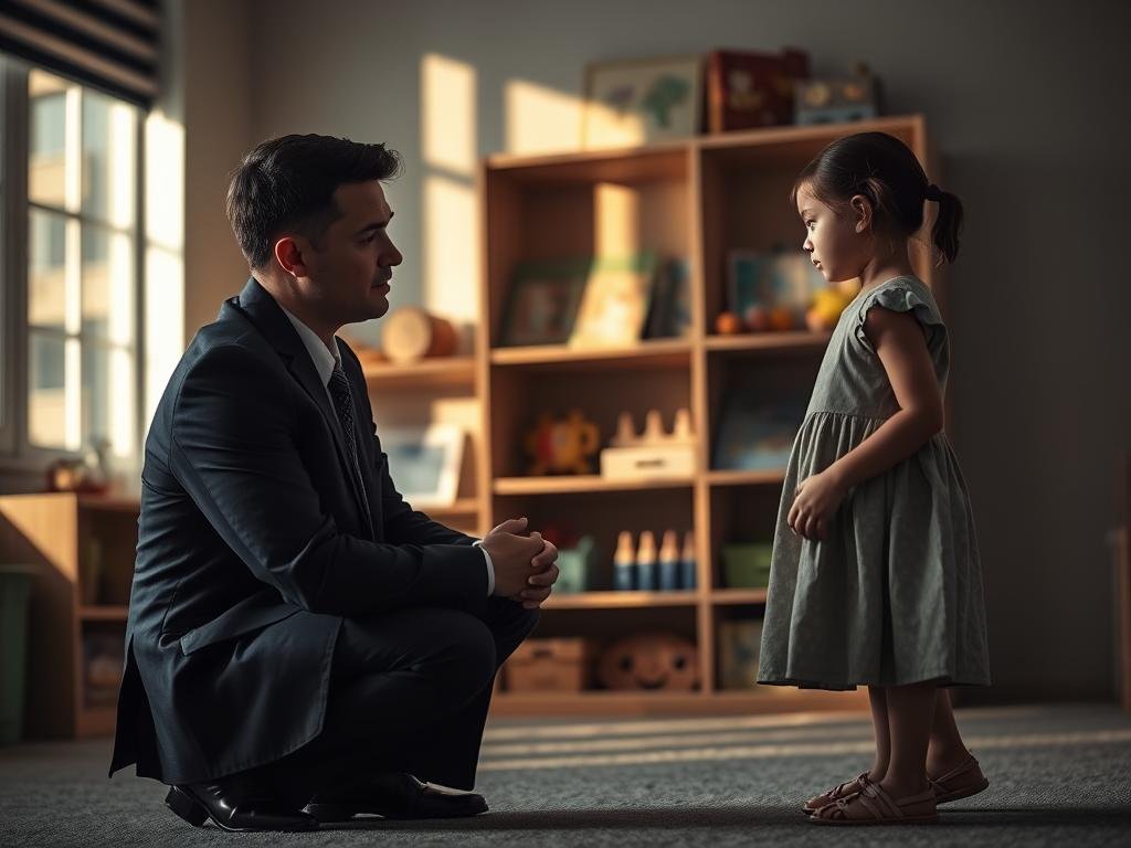 A somber indoor scene depicting a child advocacy center in Fayette County, focusing on a professional investigator engaging with a child in a supportive environment. In the foreground, a compassionate investigator, dressed in a modest navy suit, kneels down to communicate gently with a young girl, age 9, wearing a simple, cheerful dress. In the middle ground, shelves filled with children's books and educational toys create a nurturing atmosphere. The background features soft, warm lighting from a window, casting gentle shadows that enhance the emotional weight of the scene. The overall mood is one of care and safety, emphasizing the importance of child protection and support during sensitive investigations.