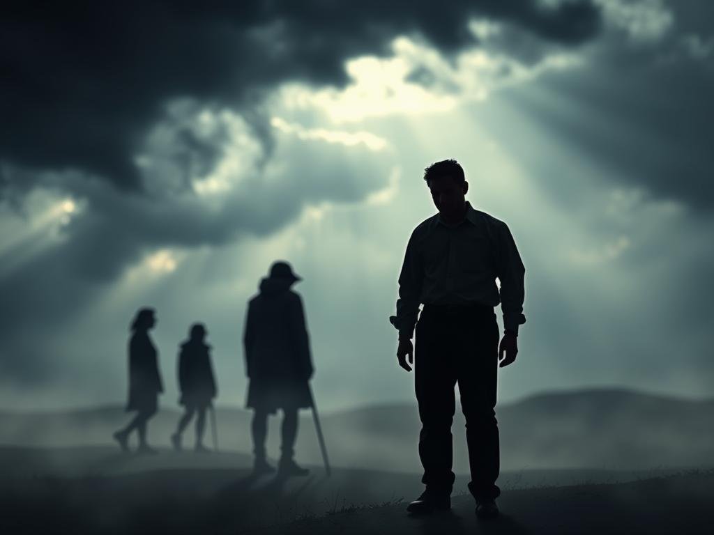 A somber scene depicting the emotional turmoil of abuse and loss, focusing on a silhouette of a lone man, wearing a simple yet respectable outfit, standing in the foreground with a posture of reflection. In the middle ground, shadows loom, hinting at figures representing hardship and family struggles, depicted in muted tones. In the background, a stormy sky conveys despair, with dark clouds swirling and intermittent rays of light breaking through, symbolizing hope amidst grief. The overall mood is heavy and introspective, evoking a sense of sorrow and resilience. Use soft, diffused lighting to enhance the melancholic atmosphere, with a subtle vignette effect to draw attention to the central figure. The composition should be captured with a slightly low angle, emphasizing the weight of the man's experience. A somber scene depicting the emotional turmoil of abuse and loss, focusing on a silhouette of a lone man, wearing a simple yet respectable outfit, standing in the foreground with a posture of reflection. In the middle ground, shadows loom, hinting at figures representing hardship and family struggles, depicted in muted tones. In the background, a stormy sky conveys despair, with dark clouds swirling and intermittent rays of light breaking through, symbolizing hope amidst grief. The overall mood is heavy and introspective, evoking a sense of sorrow and resilience. Use soft, diffused lighting to enhance the melancholic atmosphere, with a subtle vignette effect to draw attention to the central figure. The composition should be captured with a slightly low angle, emphasizing the weight of the man's experience.