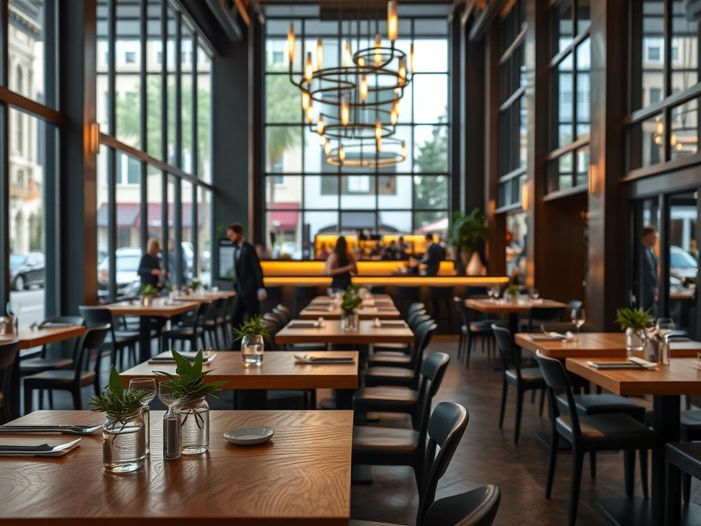 A spacious, contemporary restaurant interior in Hyde Park, Tampa, showcasing a blend of modern design and cozy ambiance. In the foreground, elegant wooden tables set for dining, adorned with minimalist centerpieces of fresh greenery. The middle ground features a stylish bar area with artistic light fixtures casting a warm glow, and a backdrop of large windows revealing a view of the bustling street outside, hinting at foot traffic in professional attire. Soft, inviting lighting enhances the atmosphere, while the overall composition reflects a sense of transition and potential, capturing the essence of change in this iconic space. The scene is viewed from a slightly elevated angle, enhancing depth and inviting viewers to envision possibilities for the future. A spacious, contemporary restaurant interior in Hyde Park, Tampa, showcasing a blend of modern design and cozy ambiance. In the foreground, elegant wooden tables set for dining, adorned with minimalist centerpieces of fresh greenery. The middle ground features a stylish bar area with artistic light fixtures casting a warm glow, and a backdrop of large windows revealing a view of the bustling street outside, hinting at foot traffic in professional attire. Soft, inviting lighting enhances the atmosphere, while the overall composition reflects a sense of transition and potential, capturing the essence of change in this iconic space. The scene is viewed from a slightly elevated angle, enhancing depth and inviting viewers to envision possibilities for the future.