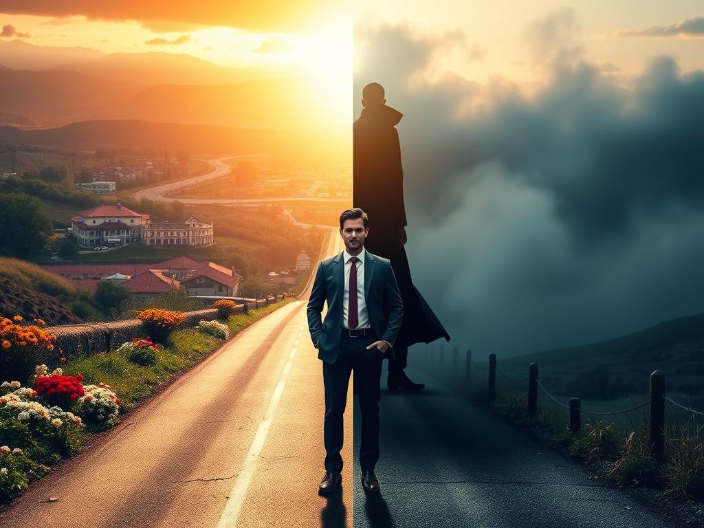 A split scene illustrating "Hero’s Path" and "Villain’s Path." In the foreground, a determined hero in professional business attire stands confidently on a bright, sunlit road adorned with flowers, symbolizing hope and positivity. The middle features a shadowy figure in a dark trench coat, representing the villain, lurking on a twisted, ominous path shrouded in fog and darkness. In the background, the hero’s path leads towards a radiant town filled with vibrant colors, while the villain’s path fades into a desolate landscape. Dramatic lighting enhances the contrast between the warm tones of the hero’s side and the cool, muted hues of the villain’s side. The atmosphere is charged, evoking a sense of conflict and moral dilemma, capturing the essence of choice and consequence.