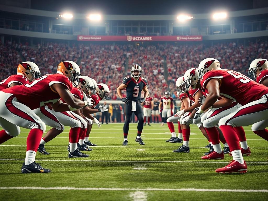 A strategic football scene set on a well-lit football field, showcasing a tense moment between the Arizona Cardinals defense and the Tampa Bay Buccaneers backfield. In the foreground, muscular players in bright red and white uniforms represent the Cardinals, poised and ready in a defensive stance, reflecting intensity and focus. The middle ground features the Buccaneers' offense, featuring a quarterback in a dark uniform considering his options, with running back Rachaad White and Sean Tucker in motion, plotting their moves. In the background, a stadium filled with excited fans creates an electrifying atmosphere, with bright floodlights illuminating the scene. The composition captures the intricate dynamics of defense shaping offensive strategy, inviting viewers into the game’s intense moment.